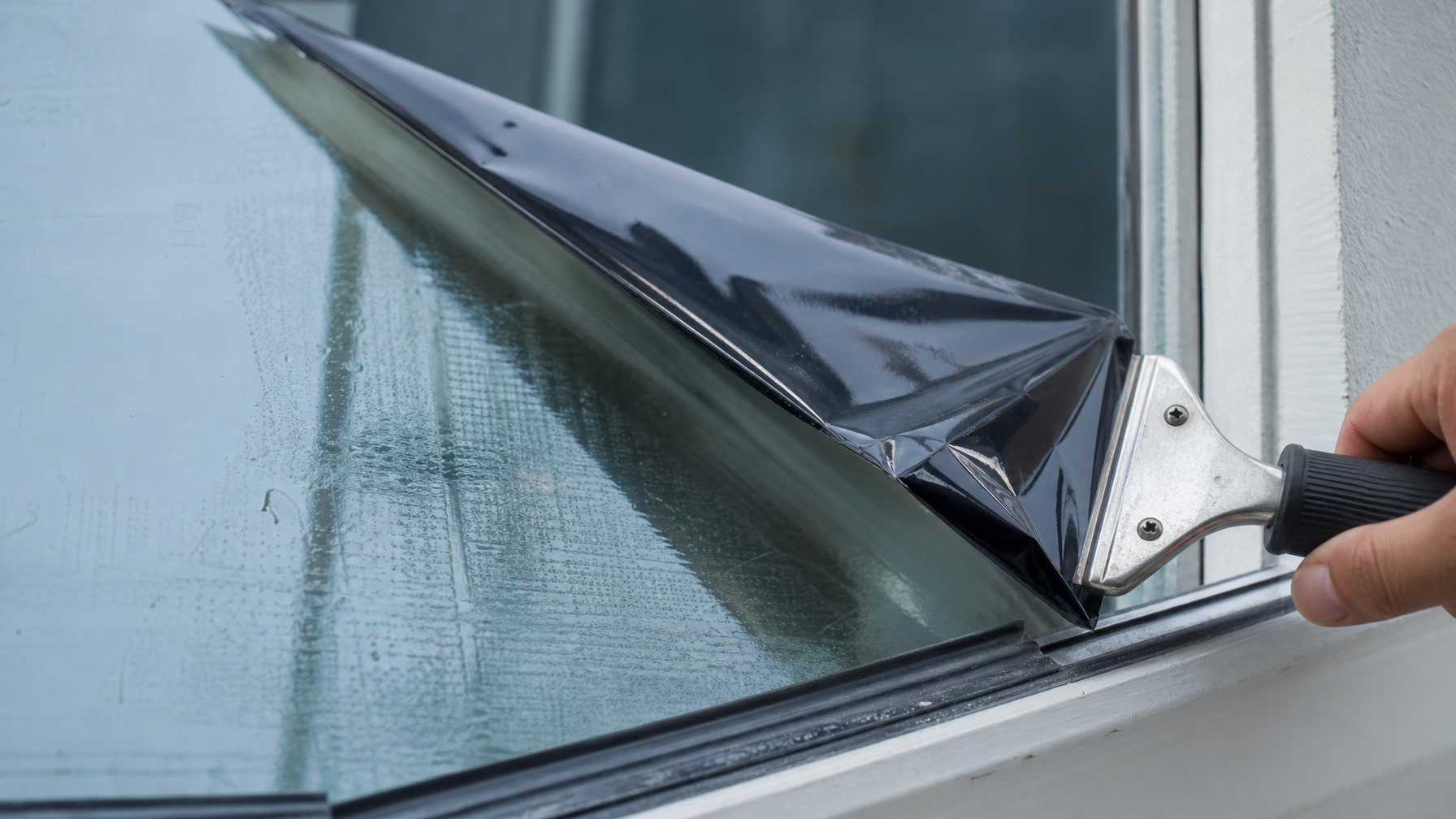 Close-up of solar window film adhesive separating from glass surface during removal, showing scraper tool at the peel edge