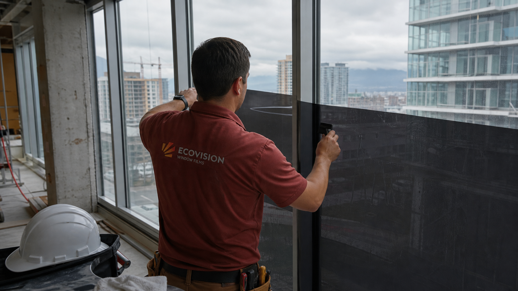 Ecovision installer in brick-red shirt applying opaque privacy window film on commercial construction glass in Vancouver BC