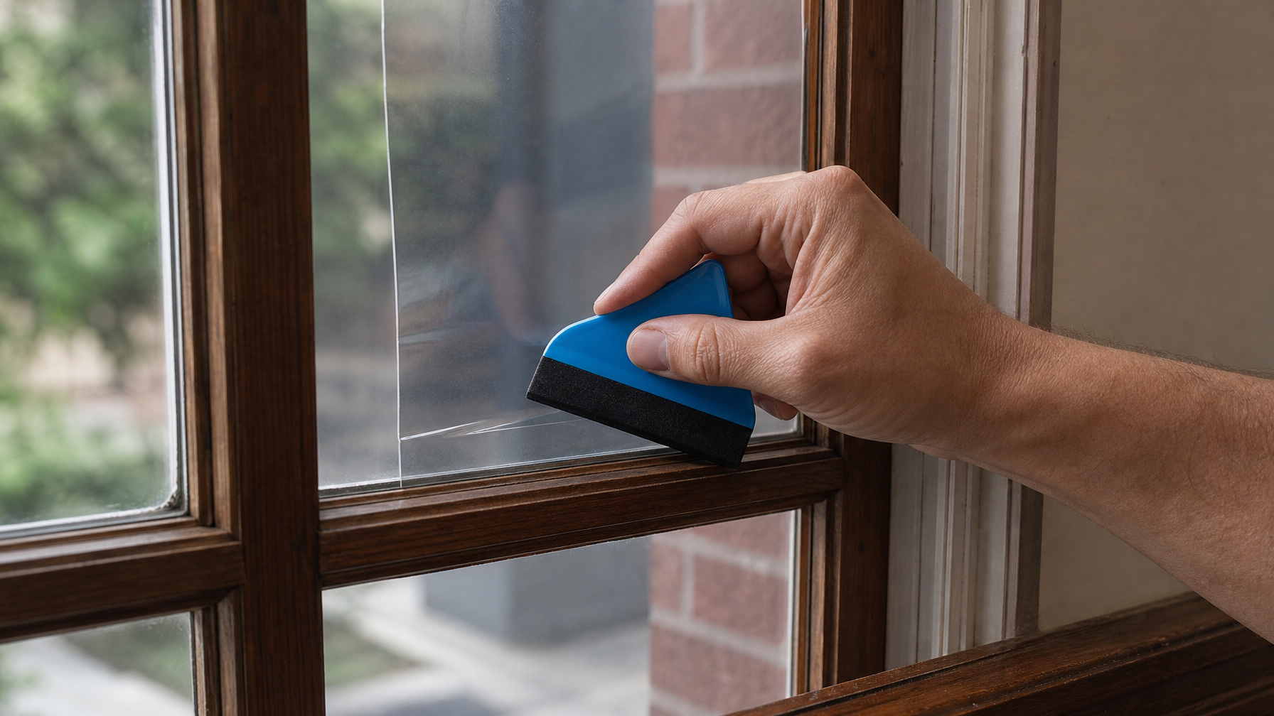 Close-up of architectural window film edge on a wood muntin heritage window during professional installation