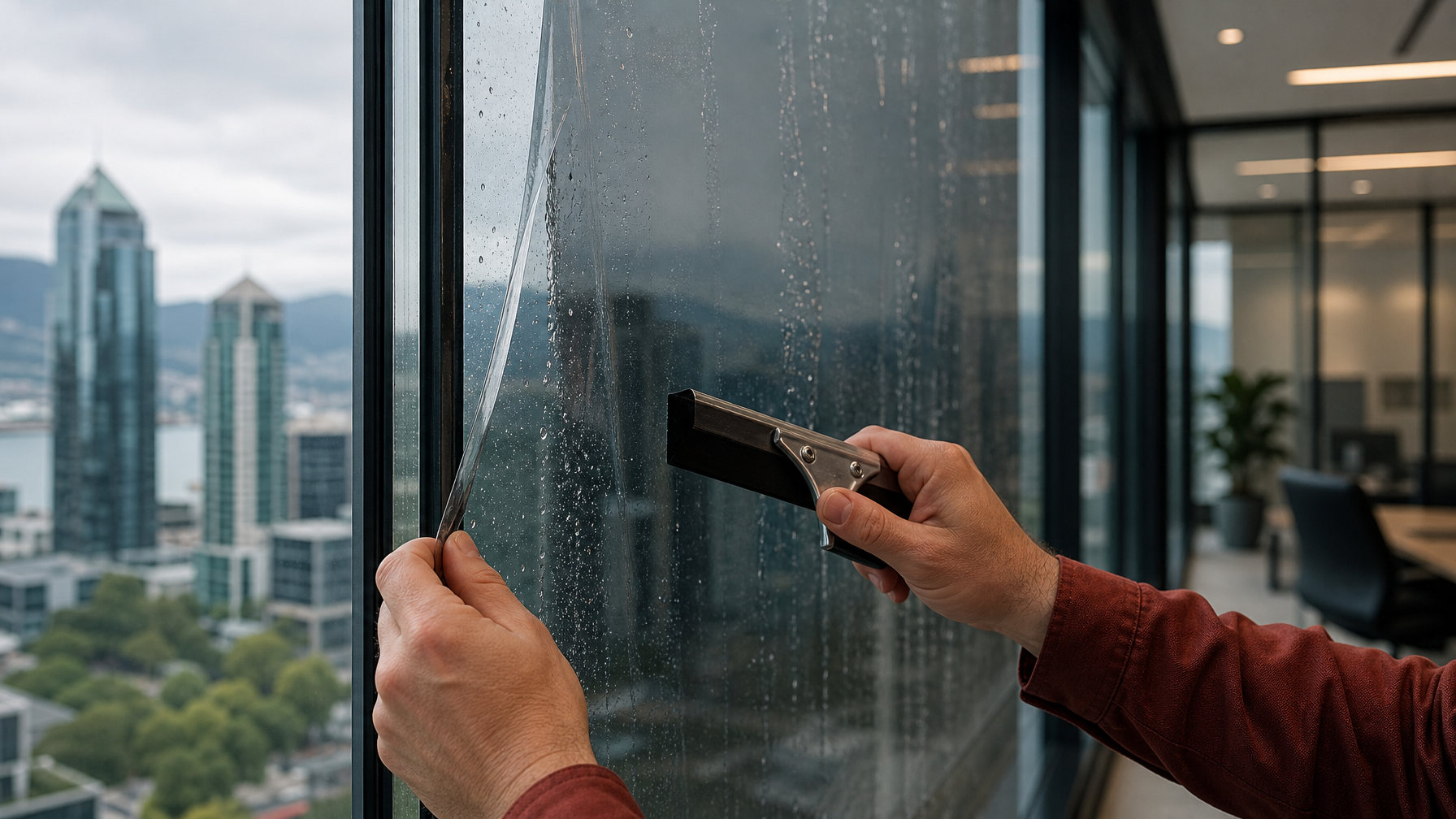 Close-up of architectural window film being squeegeed onto dual-pane glass during professional installation