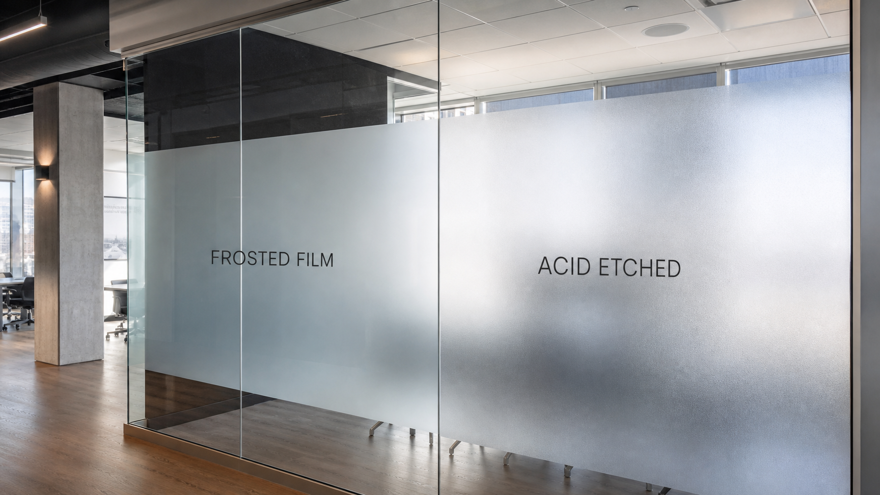 Modern Vancouver BC commercial interior showing frosted window film on one glass partition alongside traditional etched glass panel for comparison