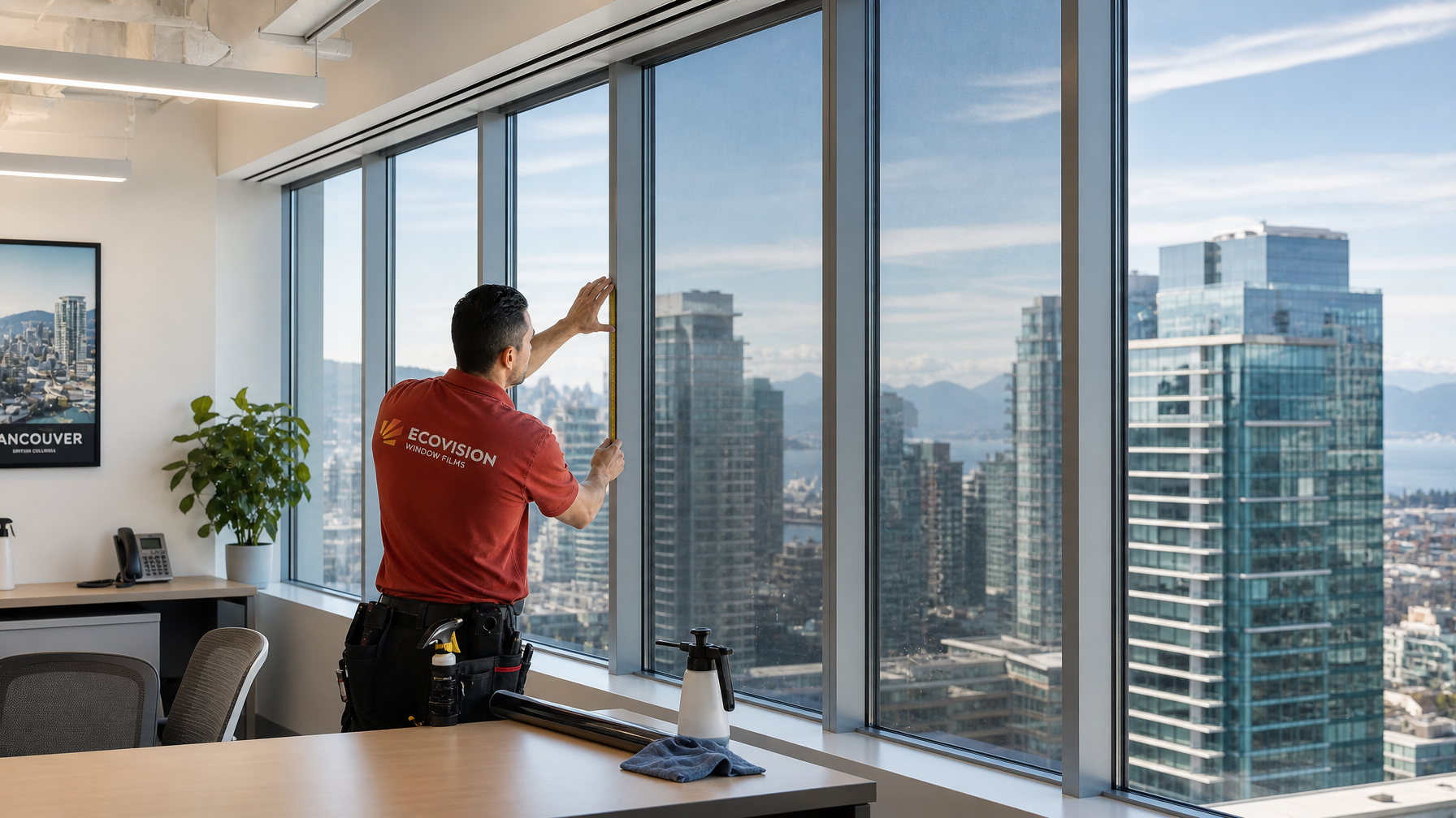 Modern Vancouver office building with floor to ceiling Low-E windows retrofitted with solar control window film