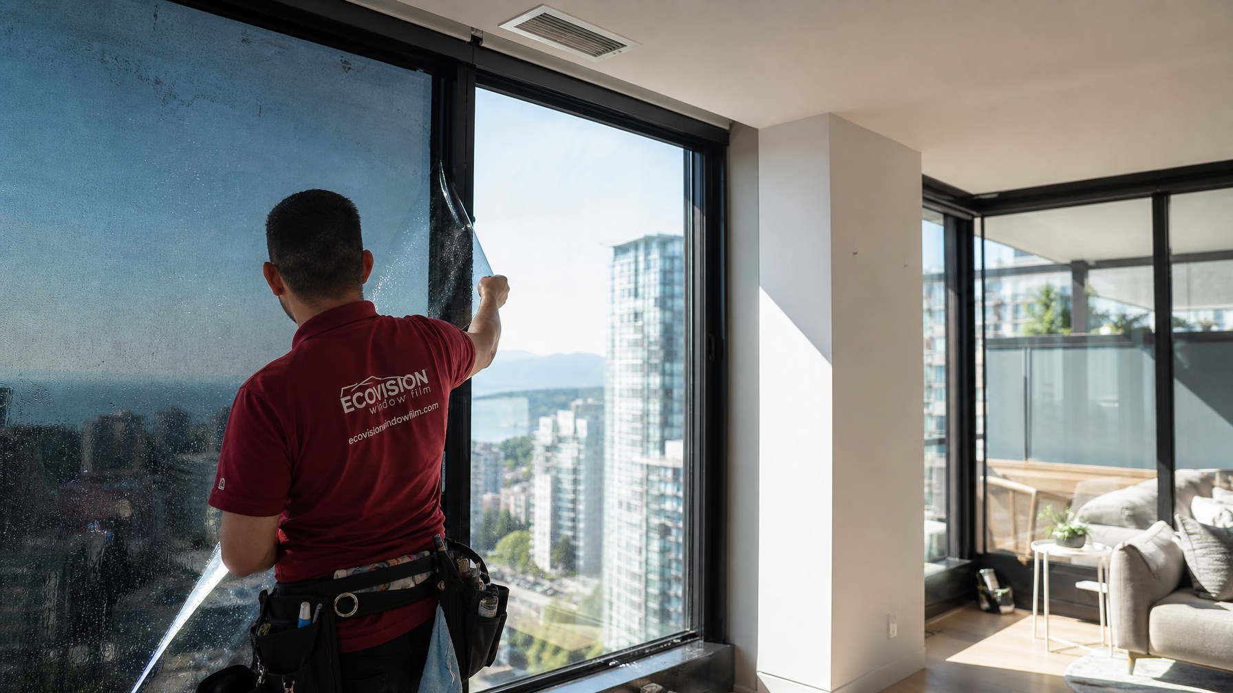 Bright Vancouver condo interior showing old solar film half-removed from floor-to-ceiling window with visible contrast between filmed and clear glass sections