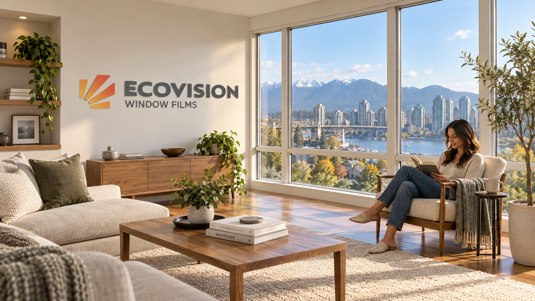 Bright Vancouver living room with clear solar window film, woman reading near window, well-preserved hardwood floors and furnishings