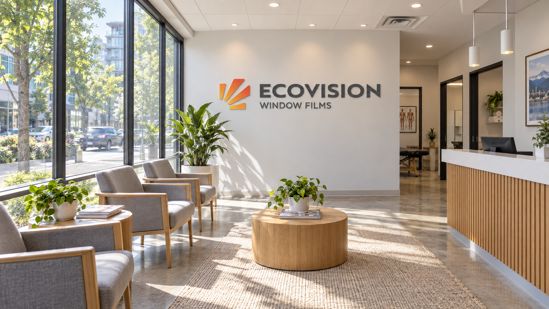 Bright Vancouver physiotherapy waiting room with solar control film on large windows