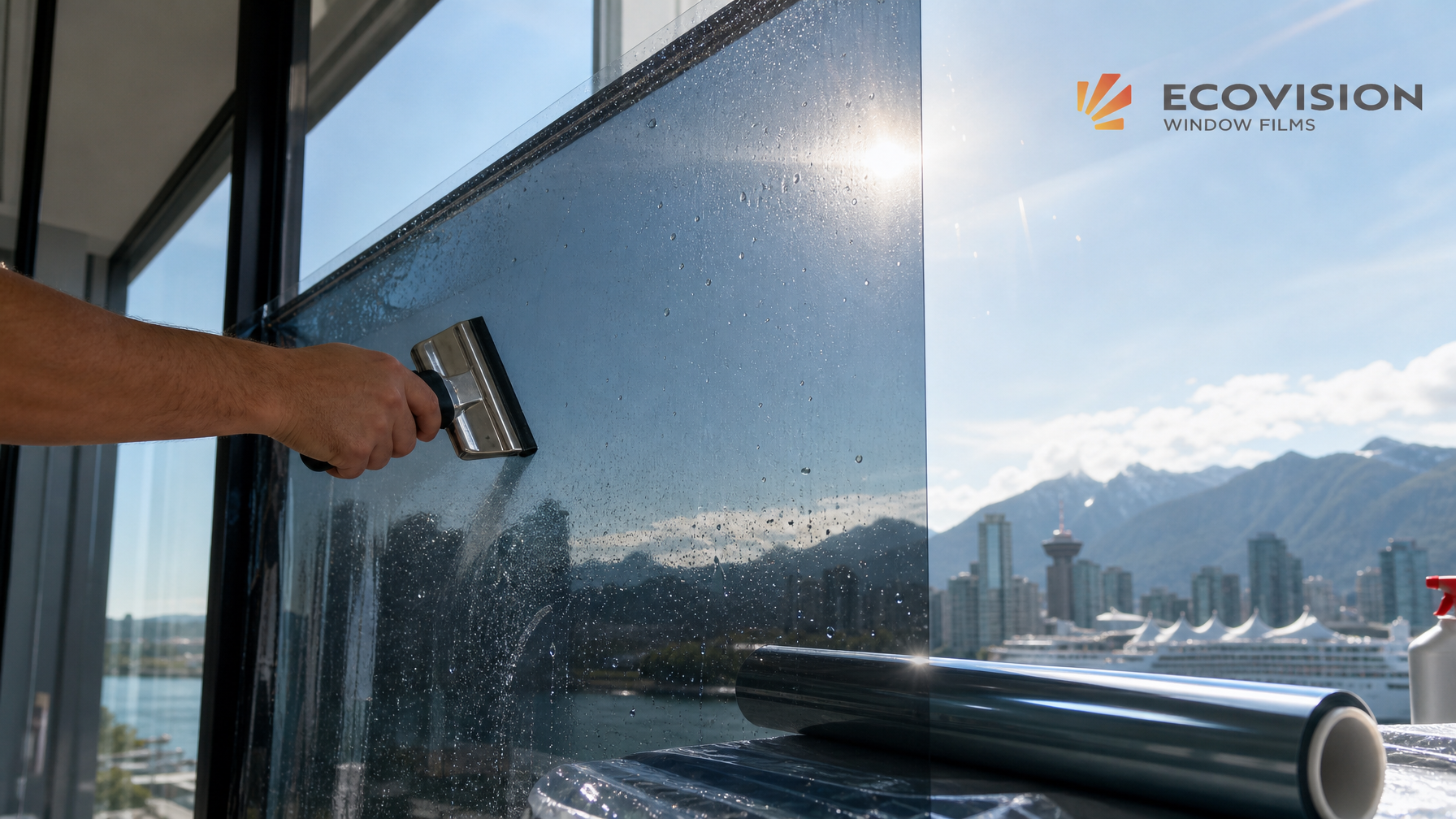 Close-up of ceramic solar control window film being applied to commercial glass with professional squeegee
