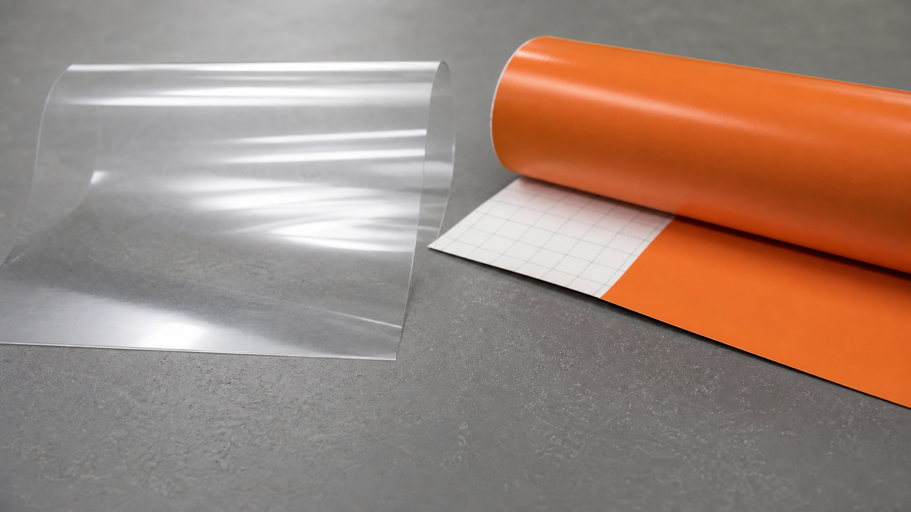 Side-by-side comparison of solar window film and vinyl decal material showing different textures and adhesive types for compatibility assessment