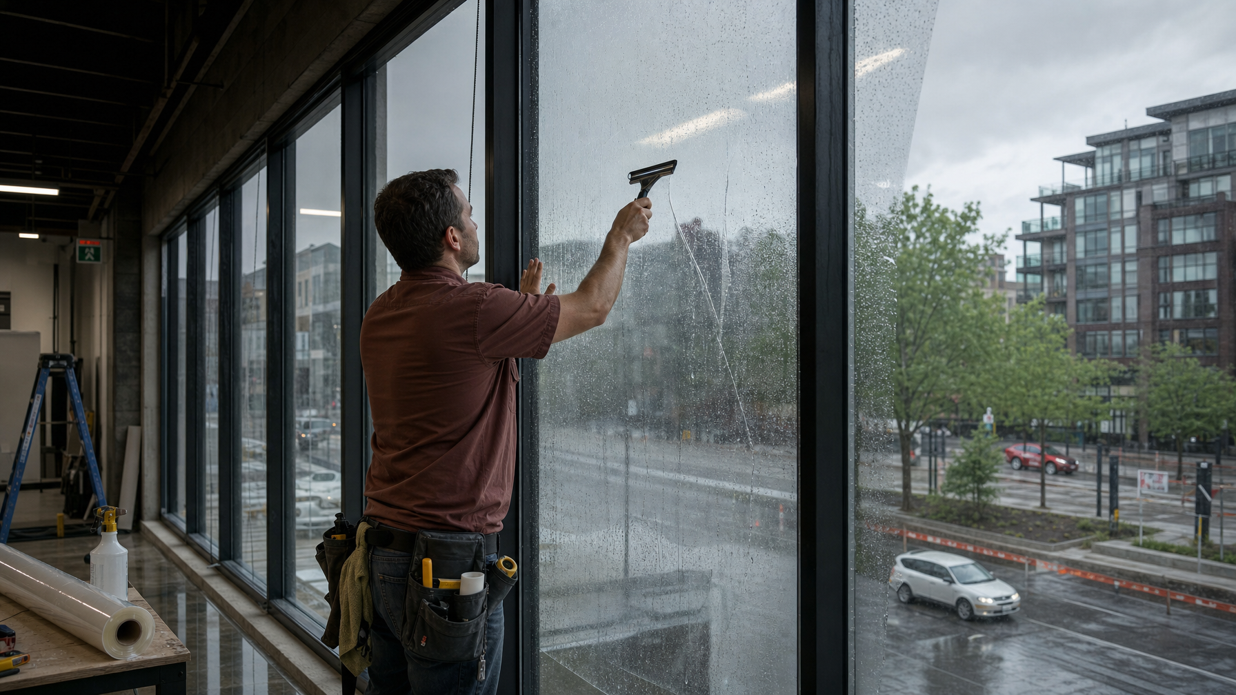 Ecovision installer in a brick-red shirt applying security film on Vancouver commercial glass