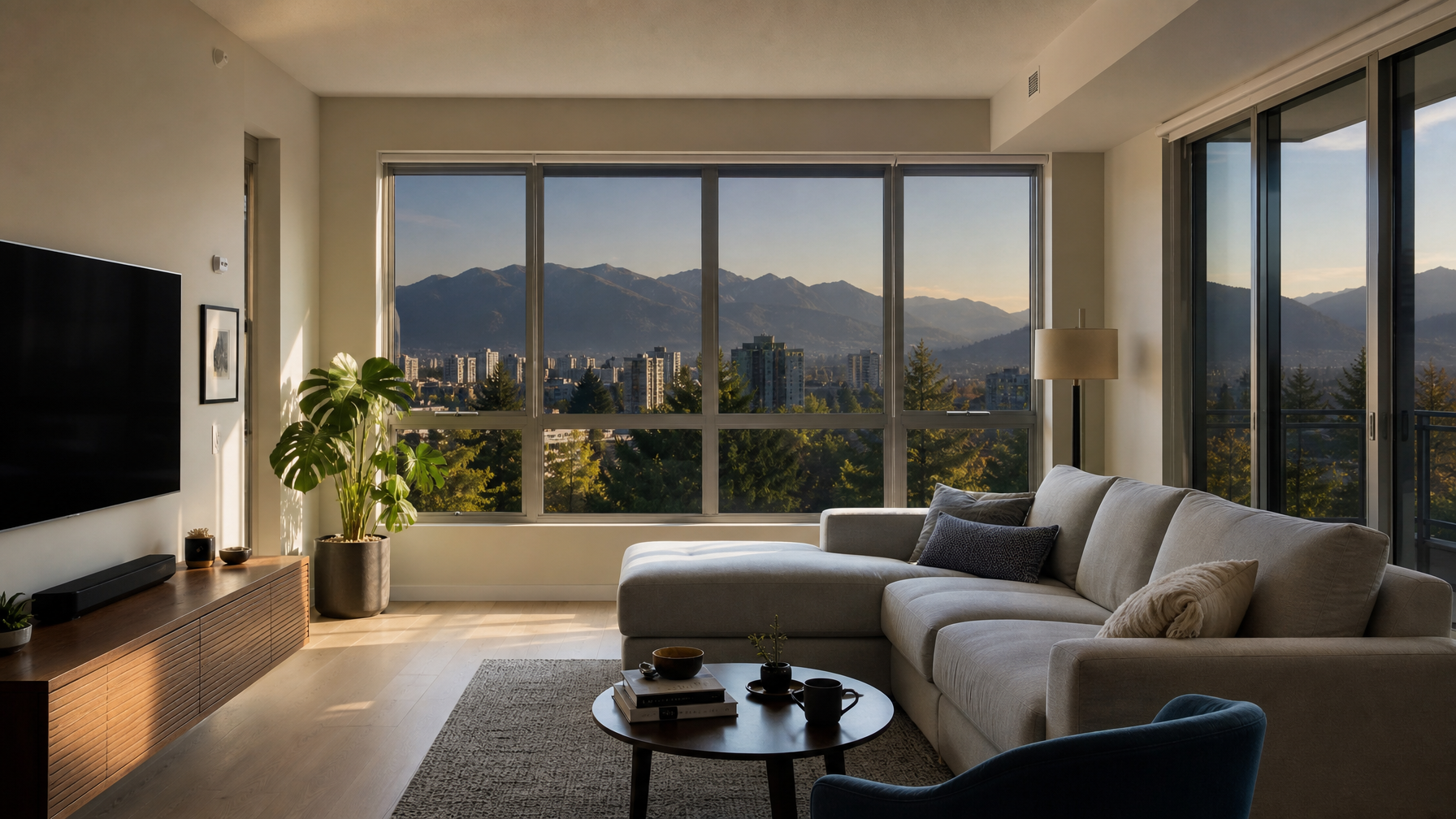 Interior of a Burnaby BC condo with window tinting applied, filtered natural light, no glare, modern living room with North Shore mountains visible through tinted glass