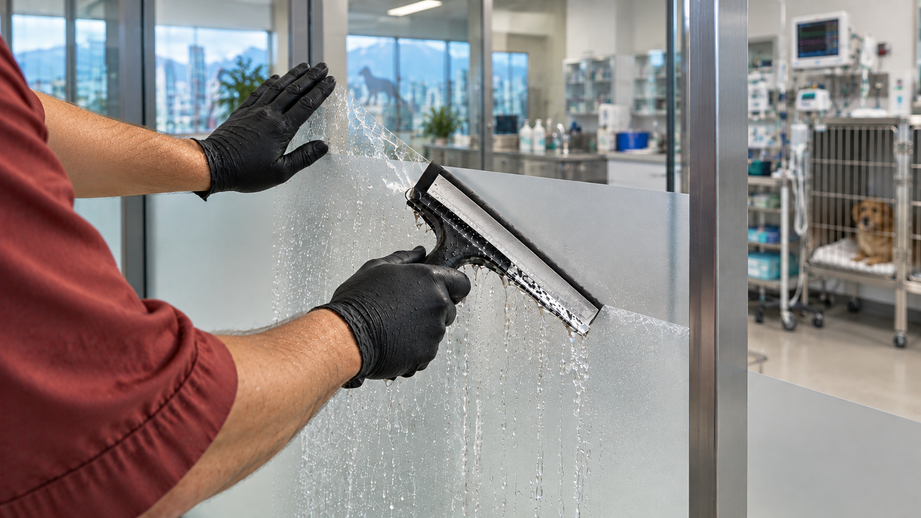 Close-up wet squeegee install of frosted privacy film on low glass partitions inside a Vancouver animal hospital