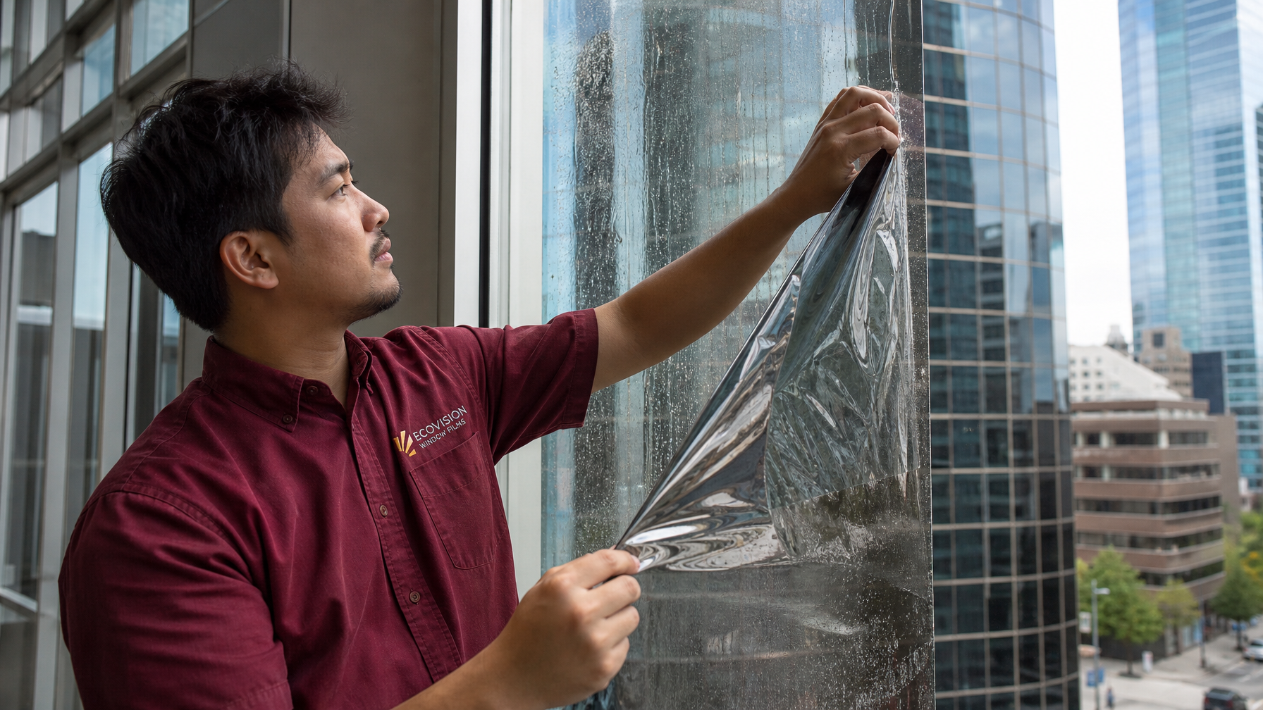 Ecovision installer in brick-red shirt removing solar control window film from Vancouver commercial glass
