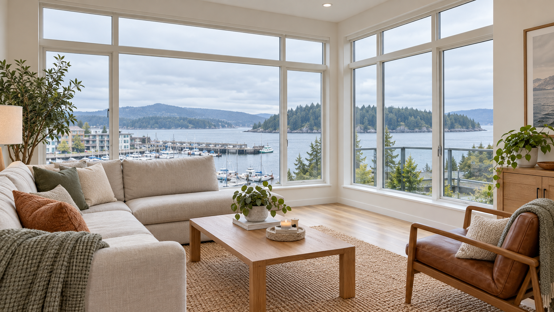 Bright living room with large windows after clear solar film install