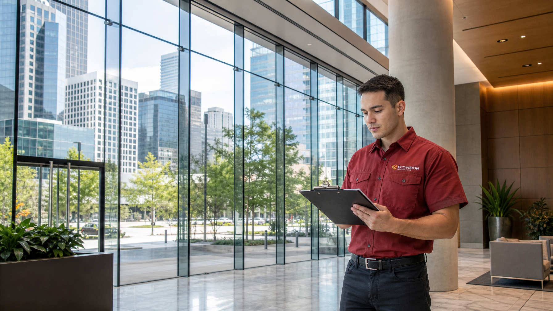 Ecovision Window Films installer in brick-red work shirt reviewing clipboard in front of floor-to-ceiling glass panels with security film installed in Vancouver commercial building lobby