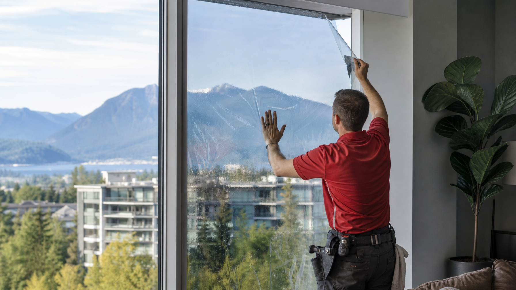 Ecovision installer applying architectural window film in a Vancouver condo
