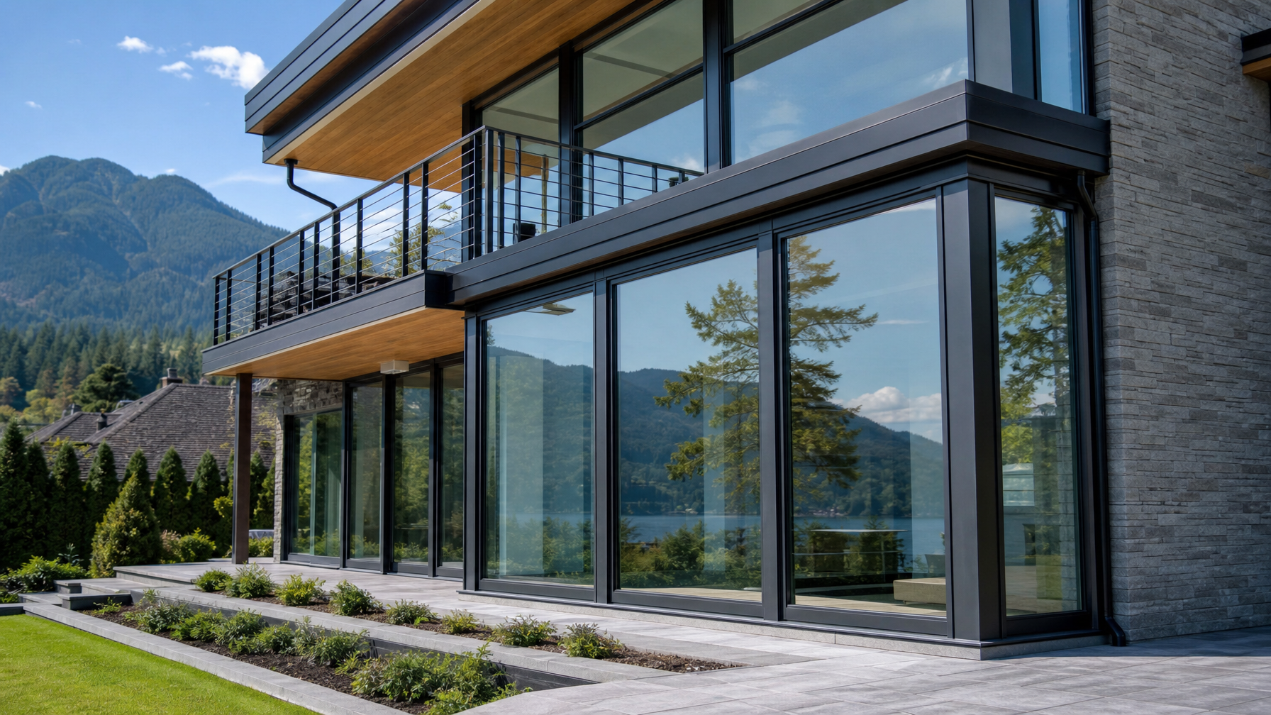 Modern BC residential property with safety window film installed on large floor-to-ceiling glass windows with mountain backdrop