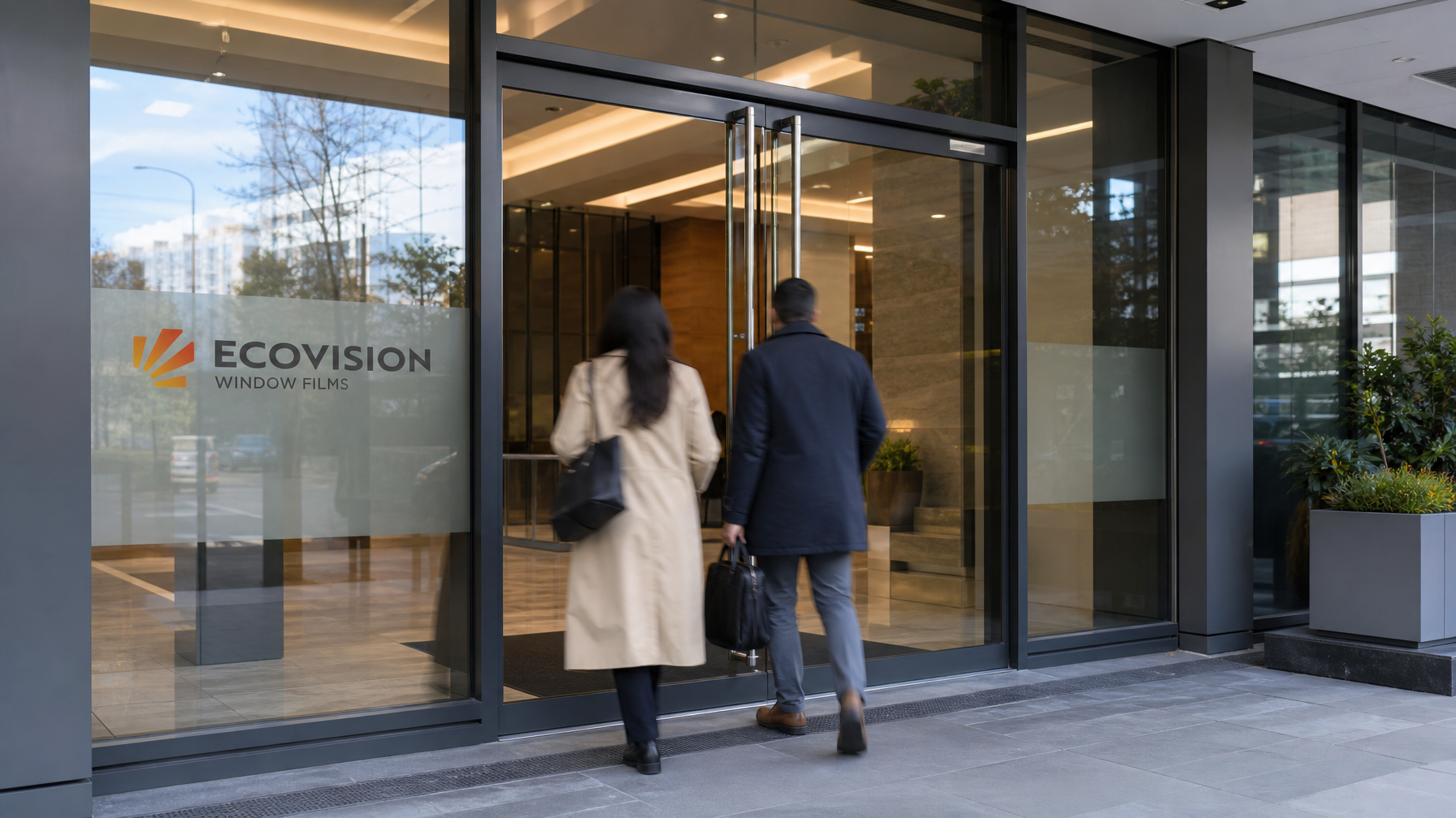 Modern commercial building entry with glass doors and security window film applied in Vancouver BC