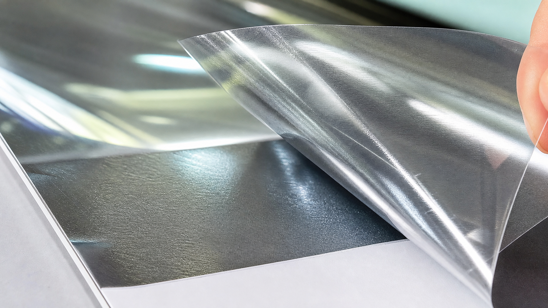 Close-up macro of metallic reflective window film layers showing the silvery coating and light refracting through the film material