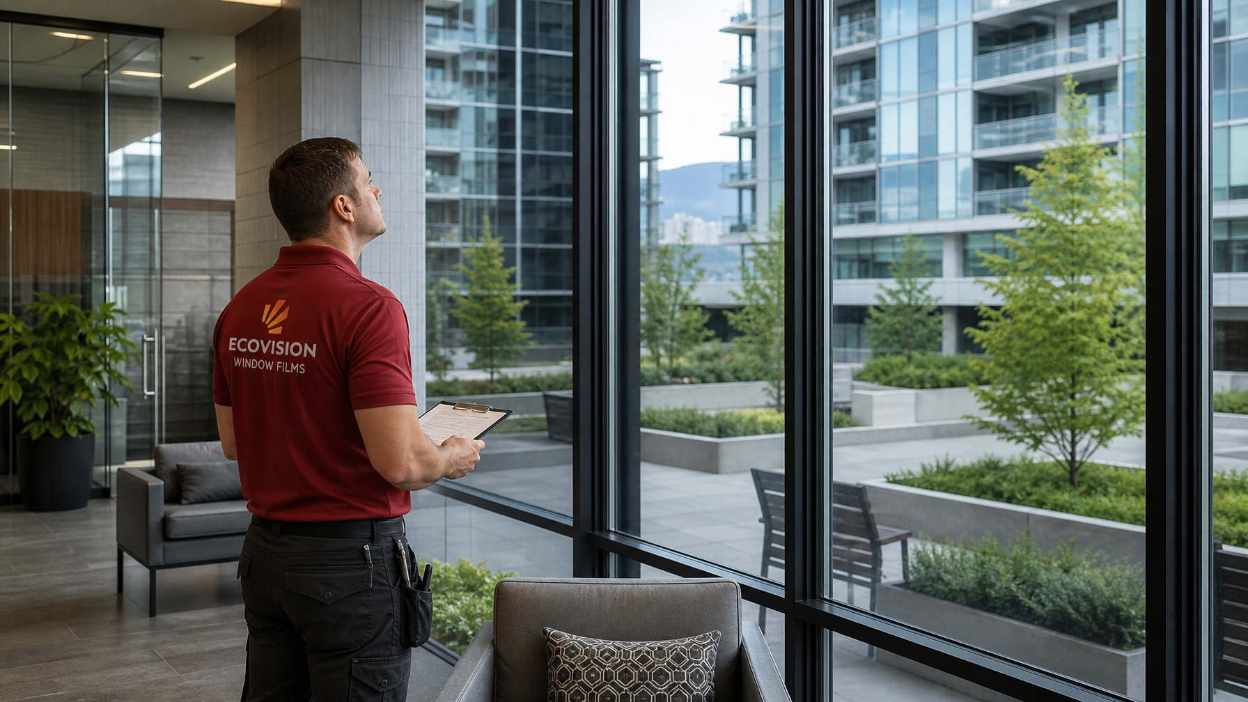 Ecovision installer in brick-red shirt reviewing completed window tinting installation in a Vancouver strata condo building