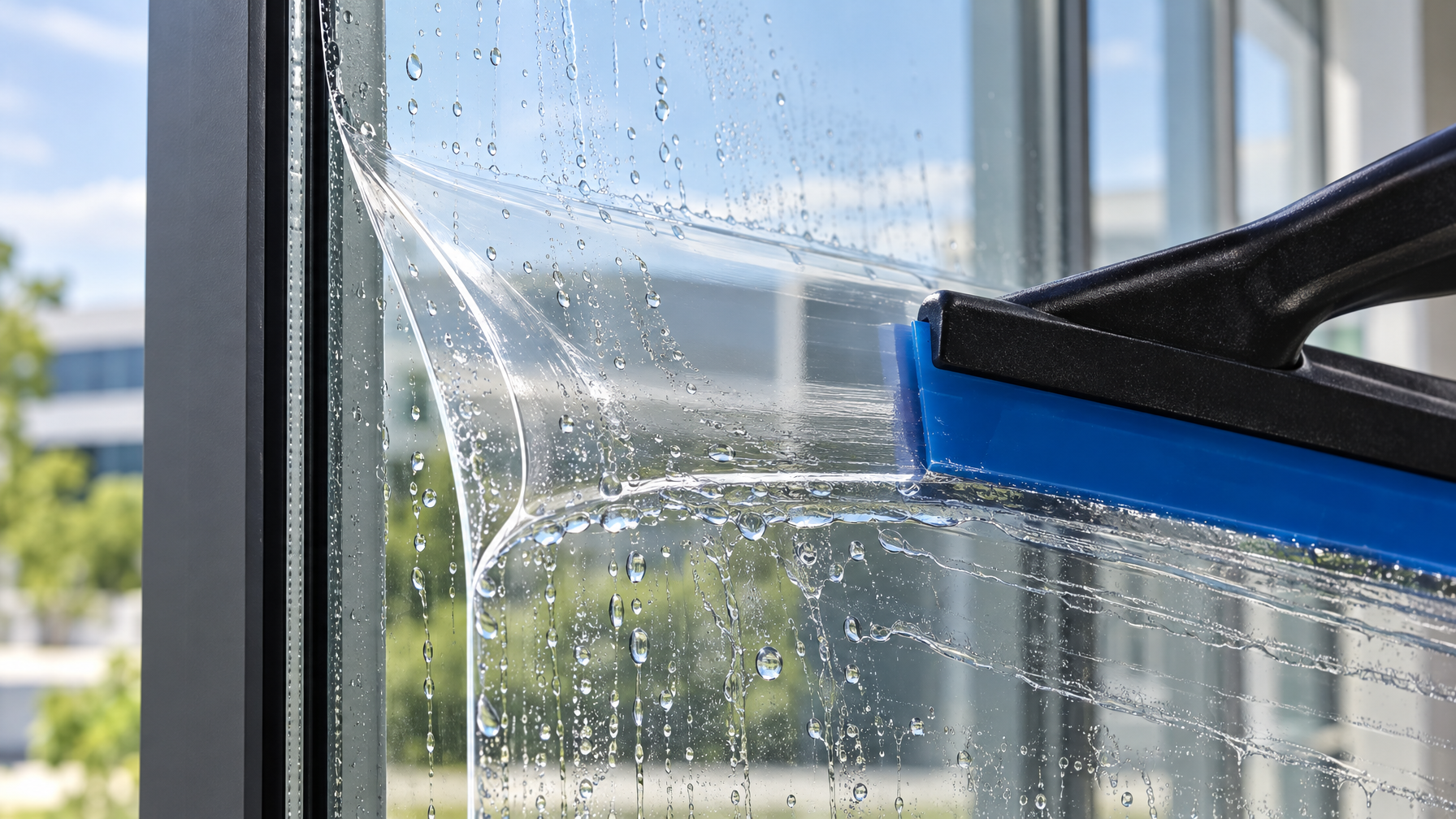 Close-up of clear security window film being squeegeed onto interior glass