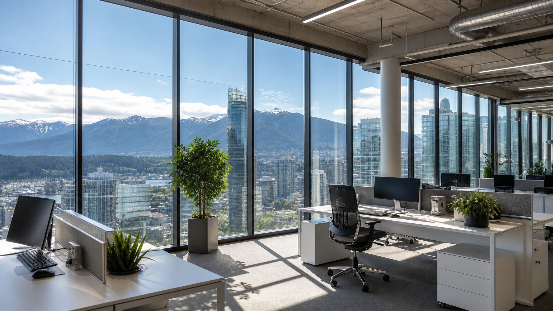Bright Vancouver office interior with clear architectural glass after solar film removal