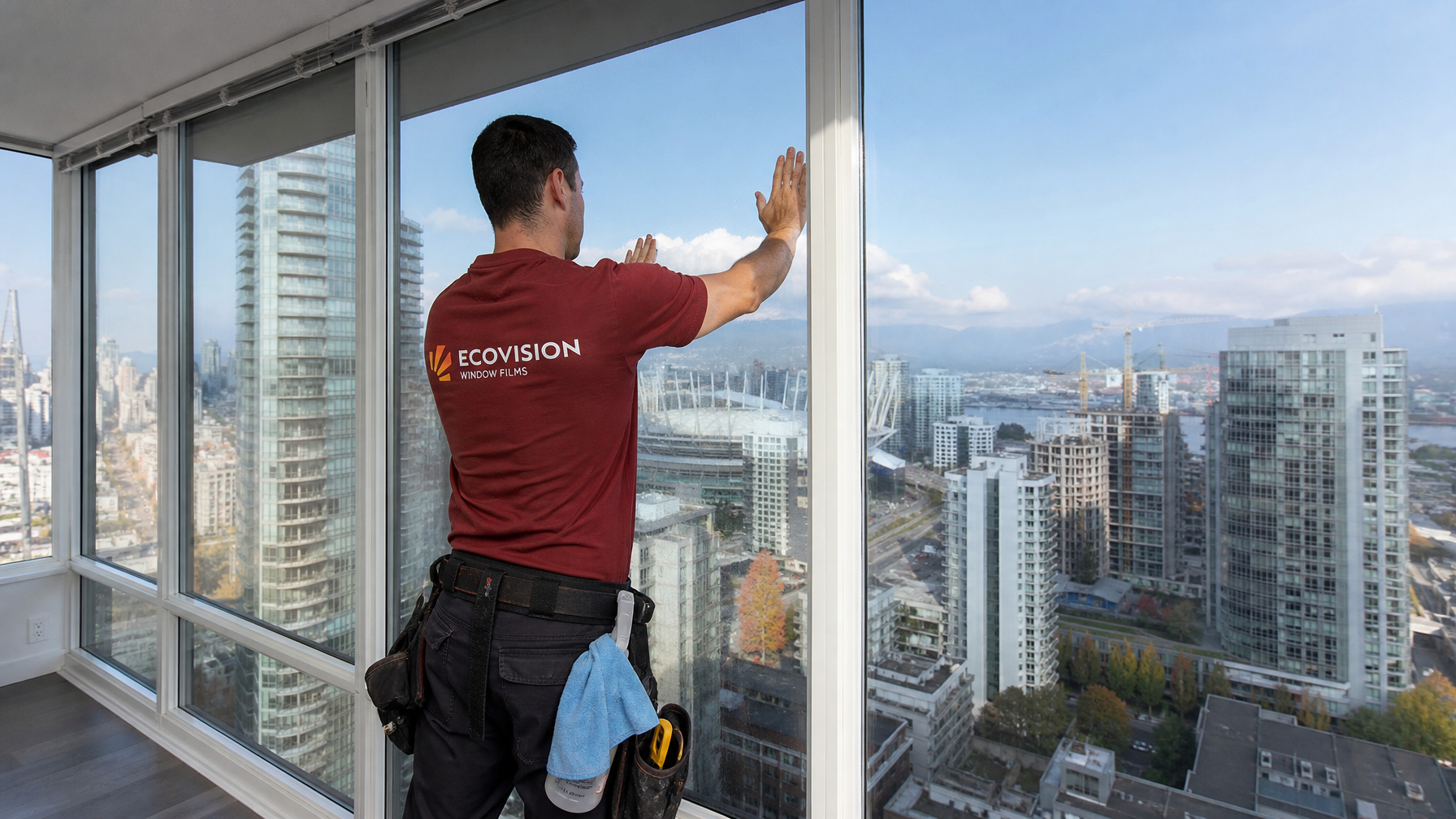 Ecovision installer in brick-red shirt applying clear spectrally selective solar film to floor-to-ceiling windows in a Vancouver strata condo high-rise with city views