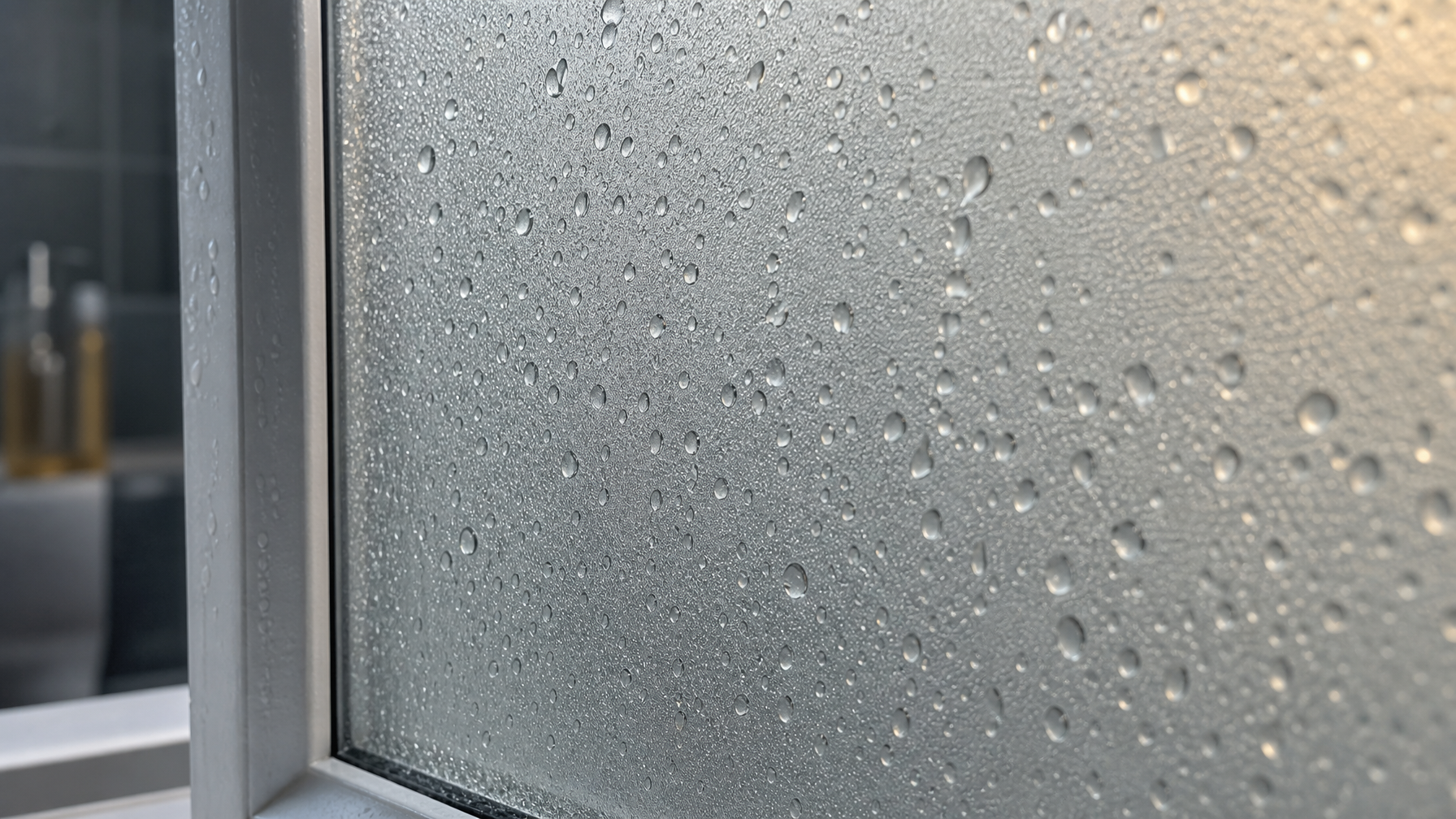 Close-up macro of frosted window film on bathroom glass showing moisture-resistant surface with water beading, demonstrating film durability in humid environments