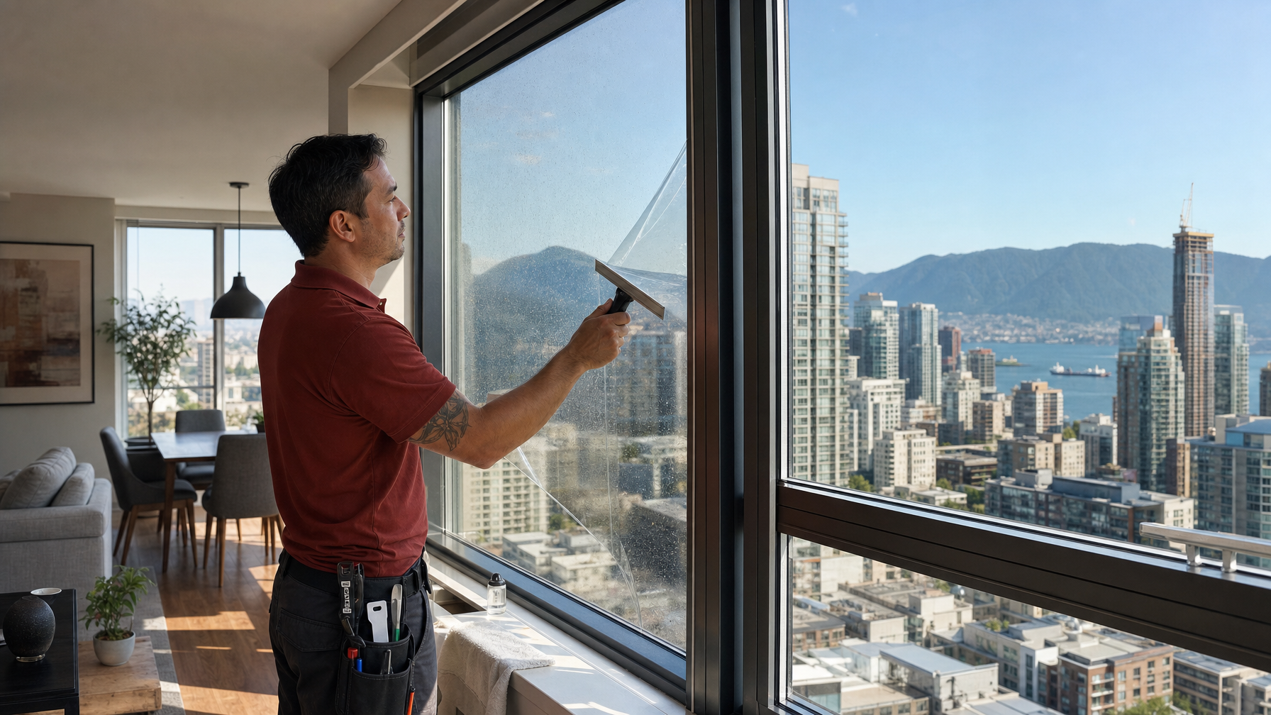 Ecovision installer in a brick-red shirt applying architectural film to double-pane Vancouver condo glass