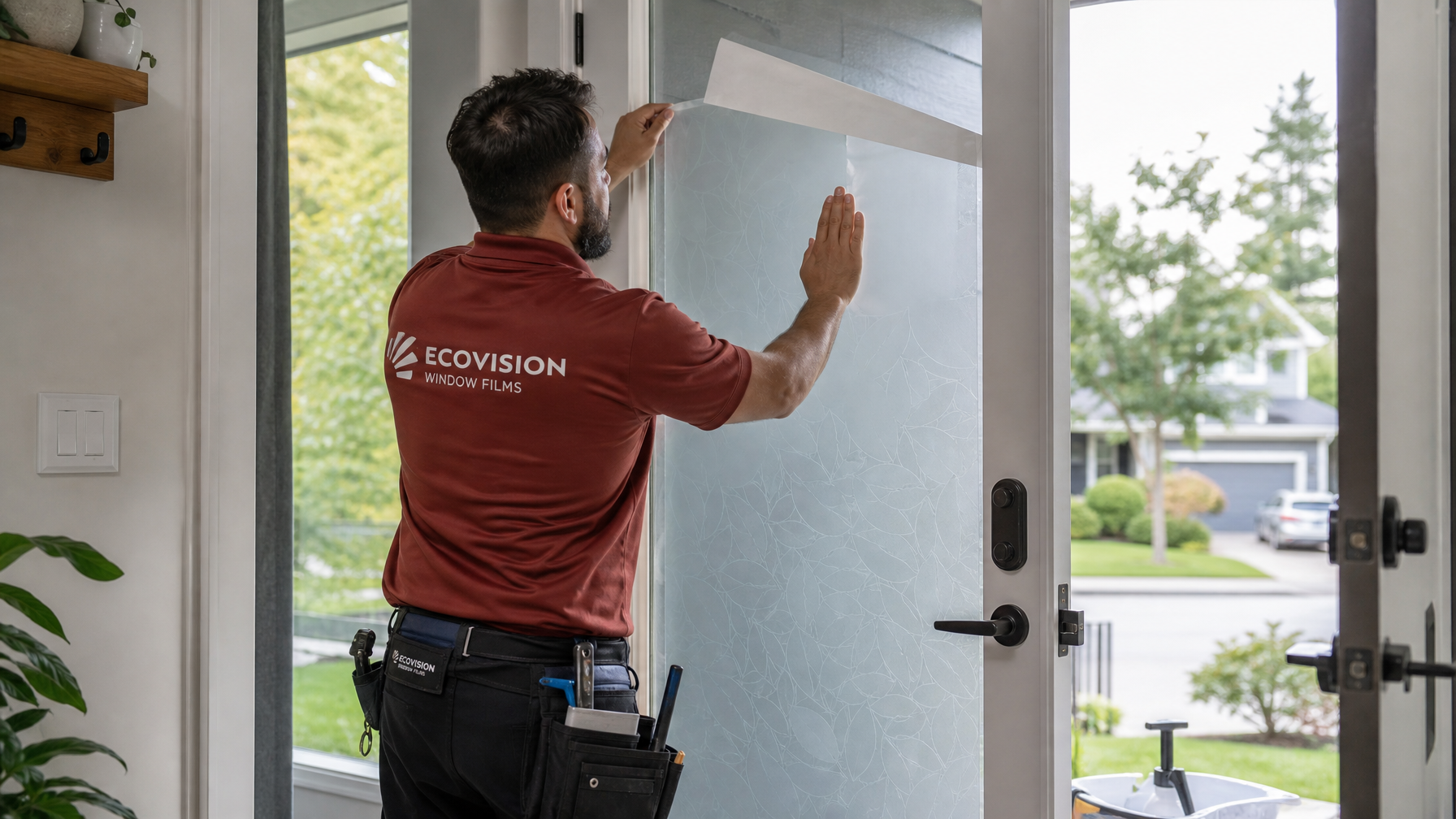Ecovision installer in brick-red shirt applying frosted window film to a residential front door glass panel in Vancouver