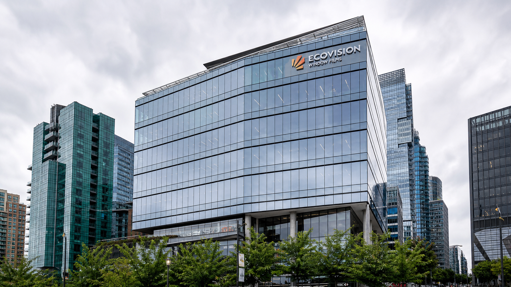 Commercial high-rise office building in downtown Vancouver BC with bird-safe window film applied to glass facade