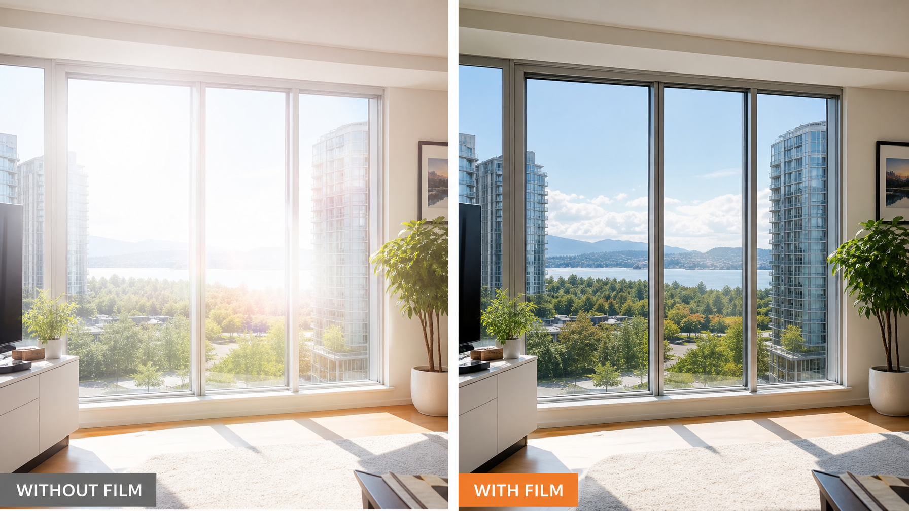 Before and after comparison showing harsh sun glare through untreated window vs soft diffused light through window with clear anti-glare solar film in a BC home