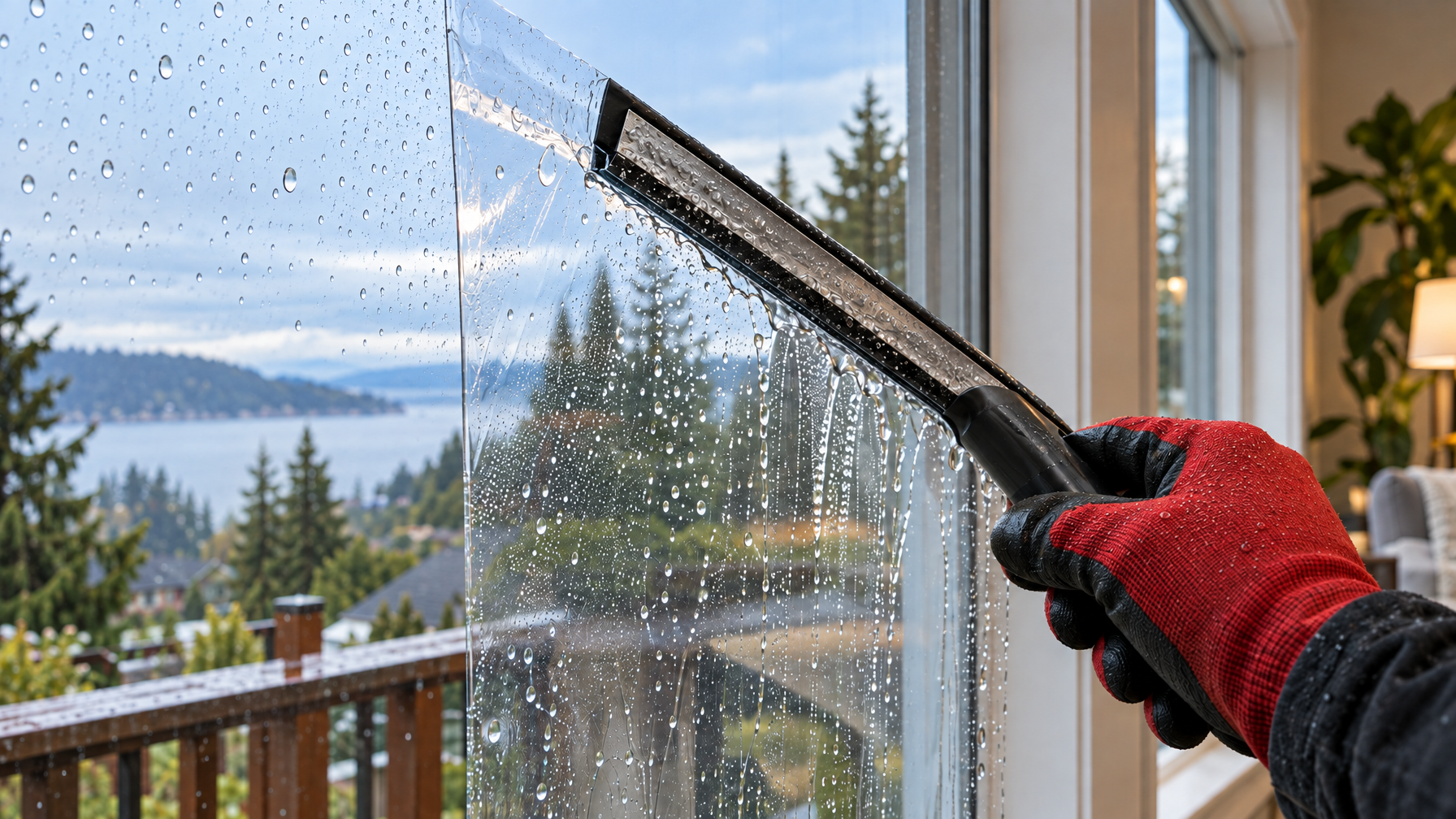 Close-up of wet squeegee pass on clear architectural window film