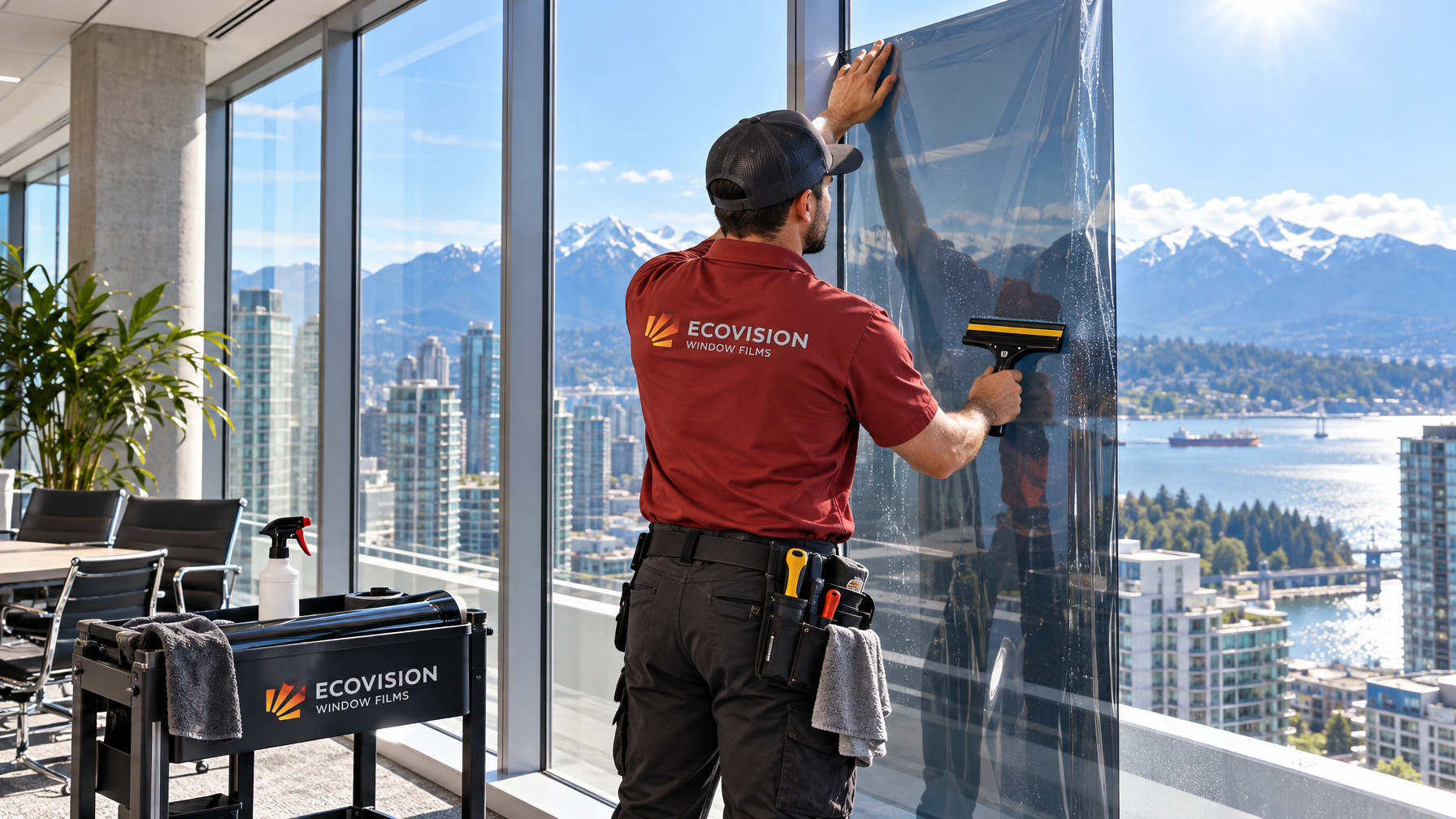 Ecovision installer in brick-red shirt applying window film to Vancouver office with North Shore mountains visible