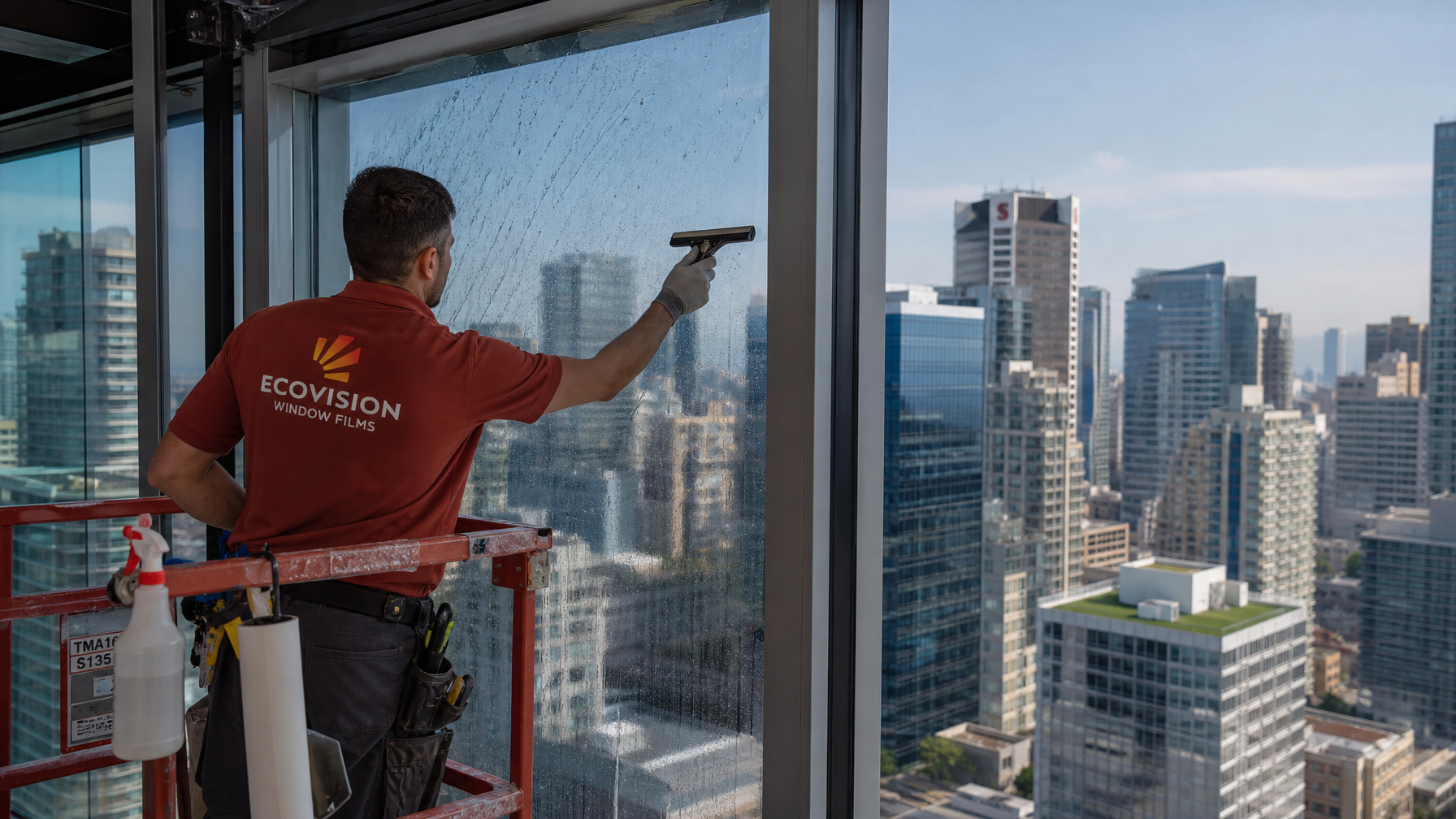 Ecovision installer in brick-red shirt installing solar control window film on a Vancouver commercial office building