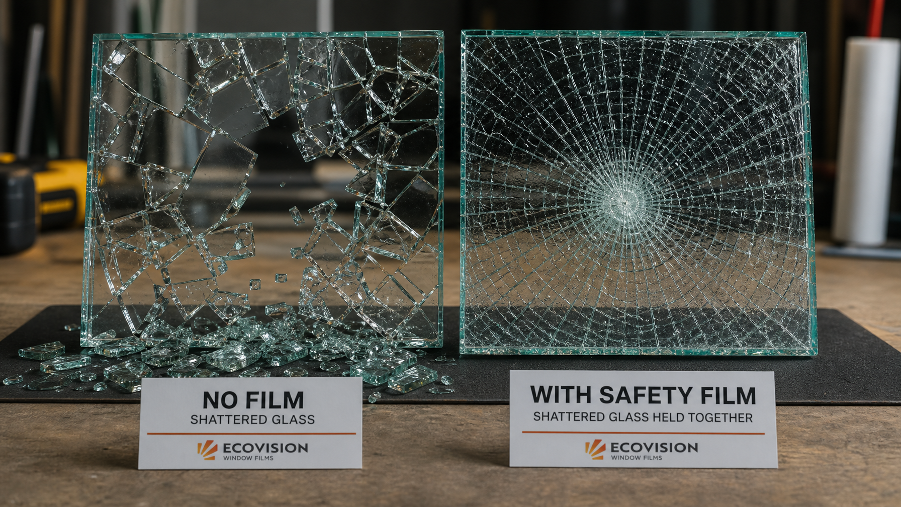 Close-up comparison of glass with and without shatter resistant window film, one pane shows scattered fragments, the other holds together intact after impact