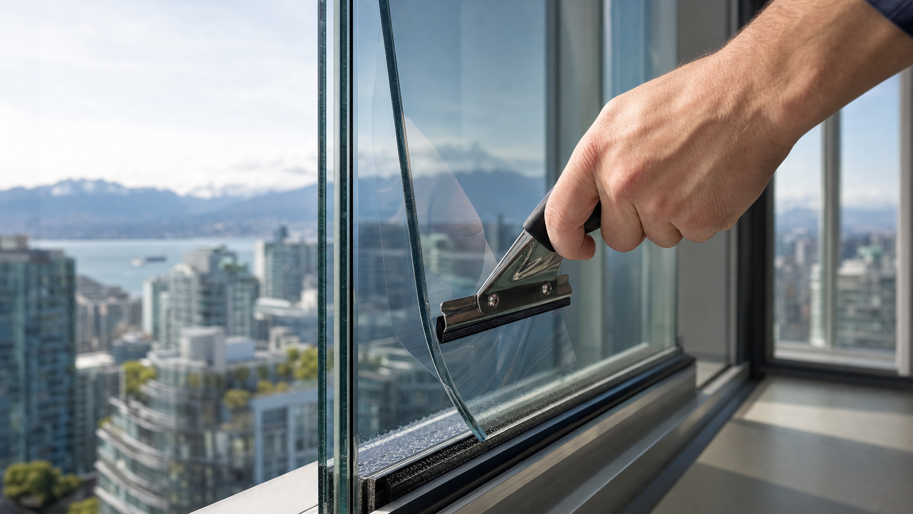 Close-up of dual-pane insulated glass with architectural solar film being squeegeed onto the interior lite