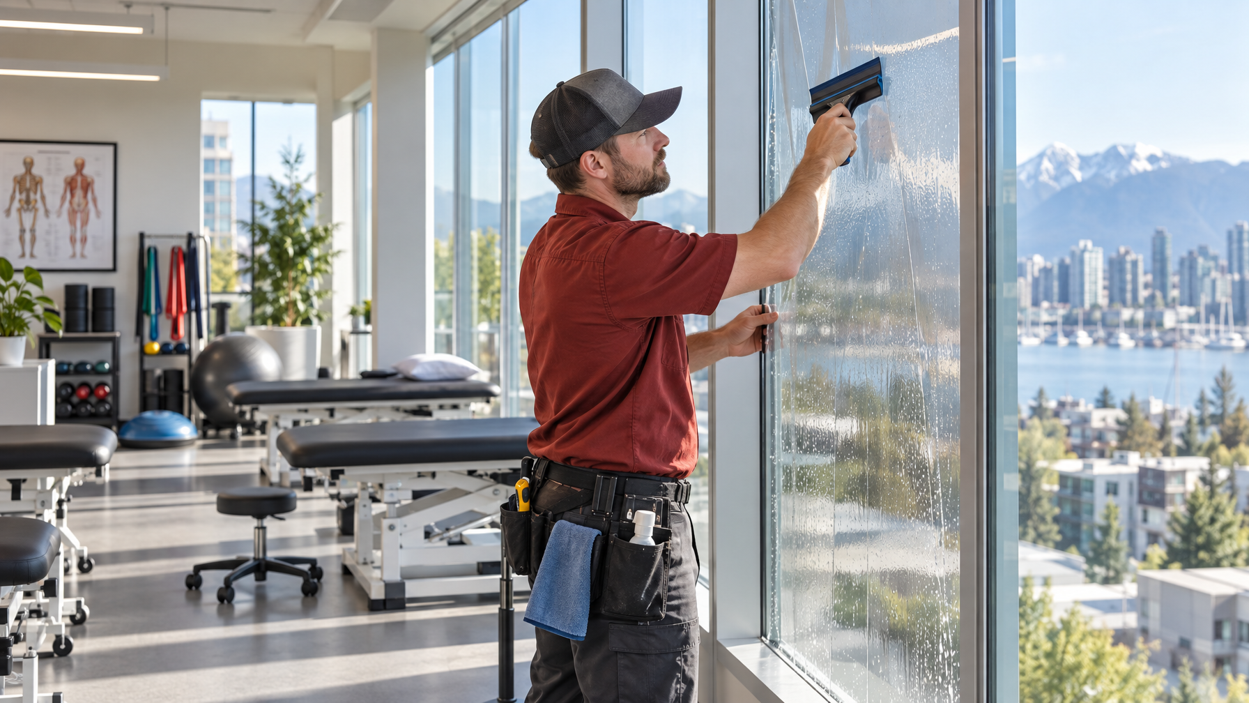 Ecovision installer in a brick-red shirt applying architectural window film to Vancouver physiotherapy clinic glass