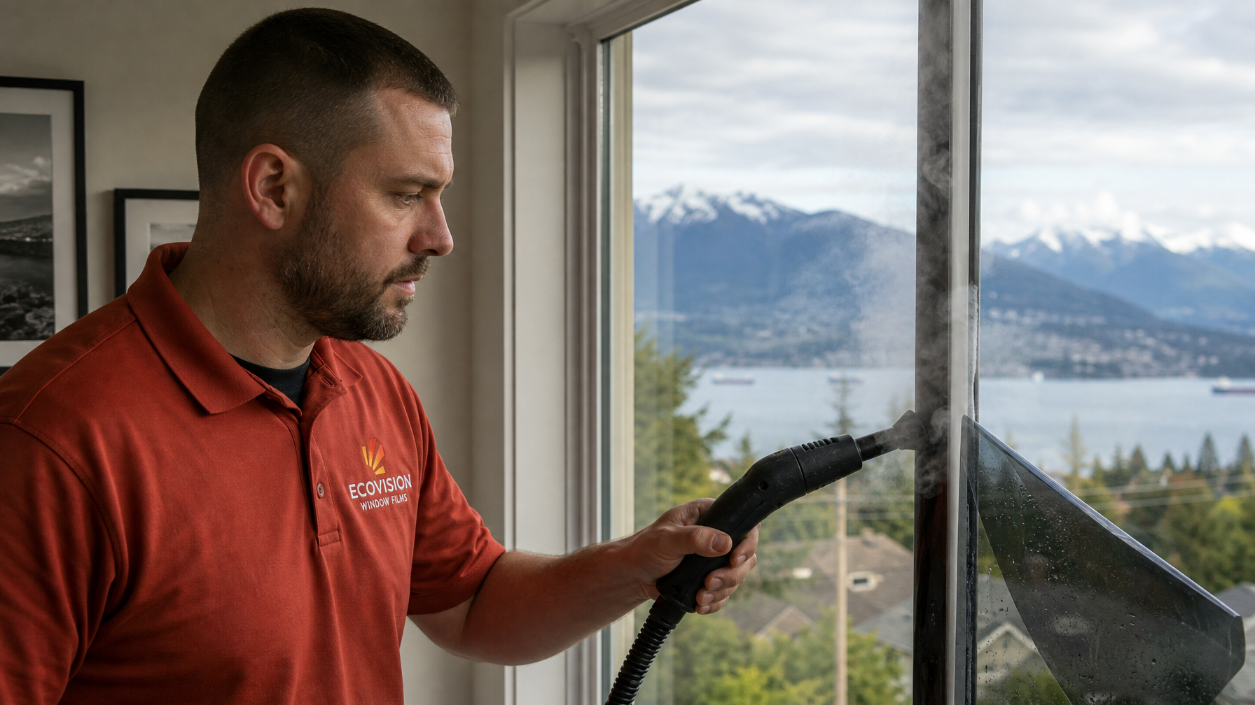 Ecovision installer in brick-red branded shirt using a handheld steamer on window film edge in Vancouver residential home