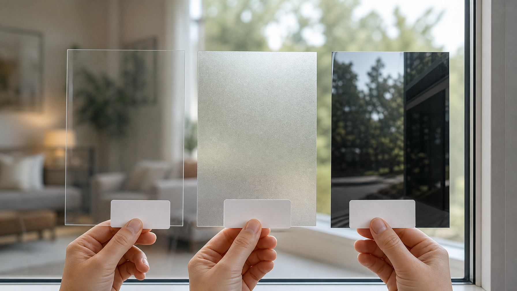 Side-by-side comparison of clear solar control film versus tinted and frosted window film samples on retail glass