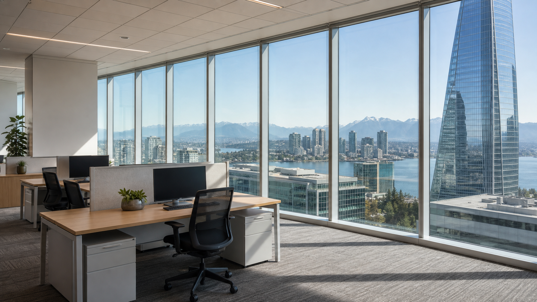 Vancouver office interior with clear solar control window film reducing glare on floor-to-ceiling glass