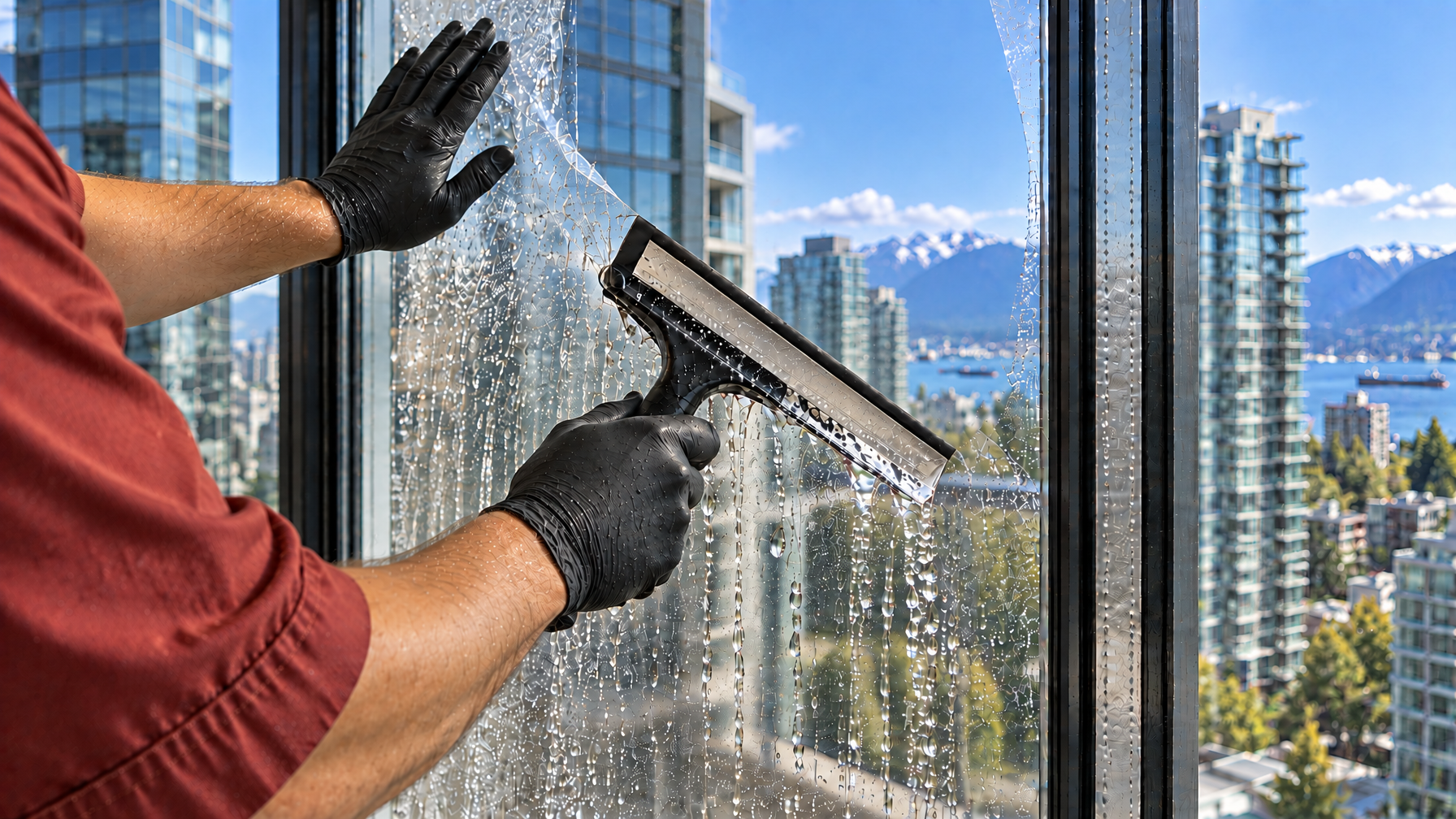 Close-up wet squeegee of commercial architectural film on dual-pane curtain wall