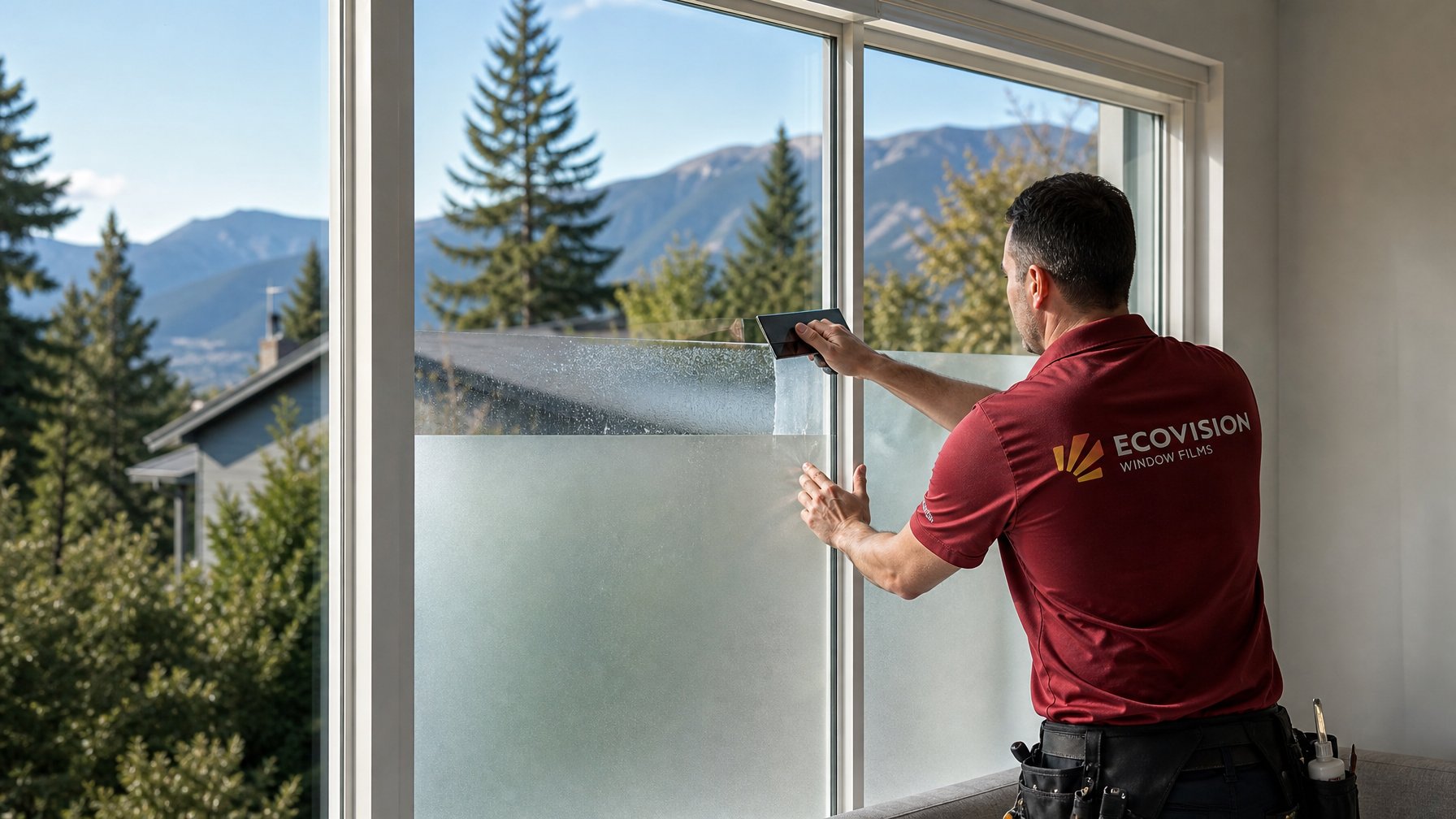 Ecovision installer in brick-red shirt applying privacy window tinting to a residential window in Vancouver