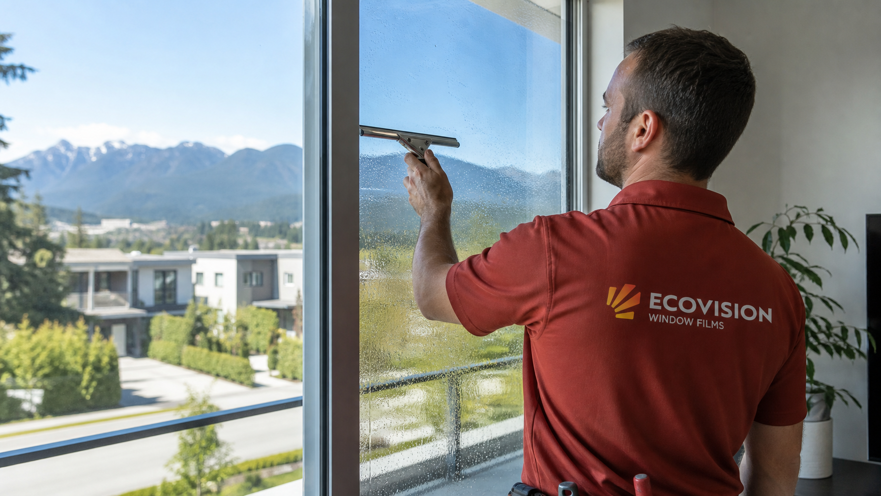 Ecovision Window Films installer in brick-red shirt applying solar control window film to a Vancouver townhouse ground-floor window