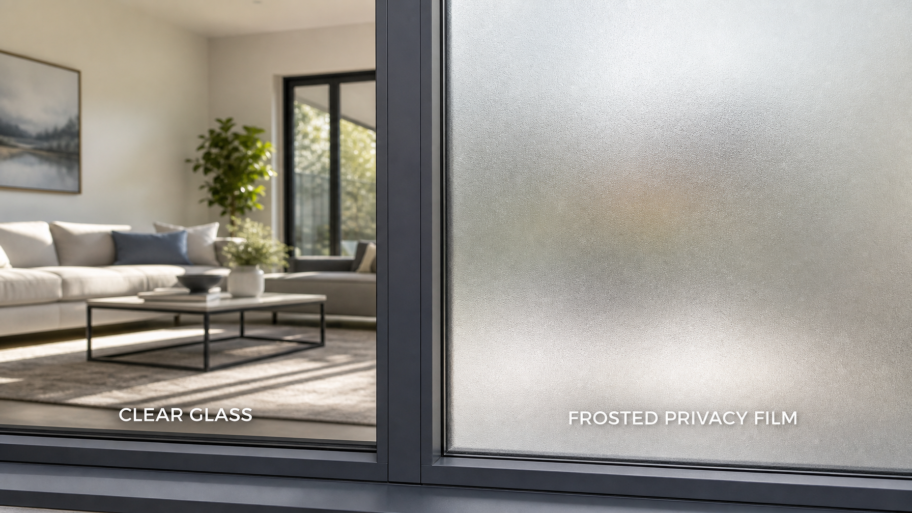 Side-by-side comparison of clear window glass and frosted privacy window film showing the privacy effect
