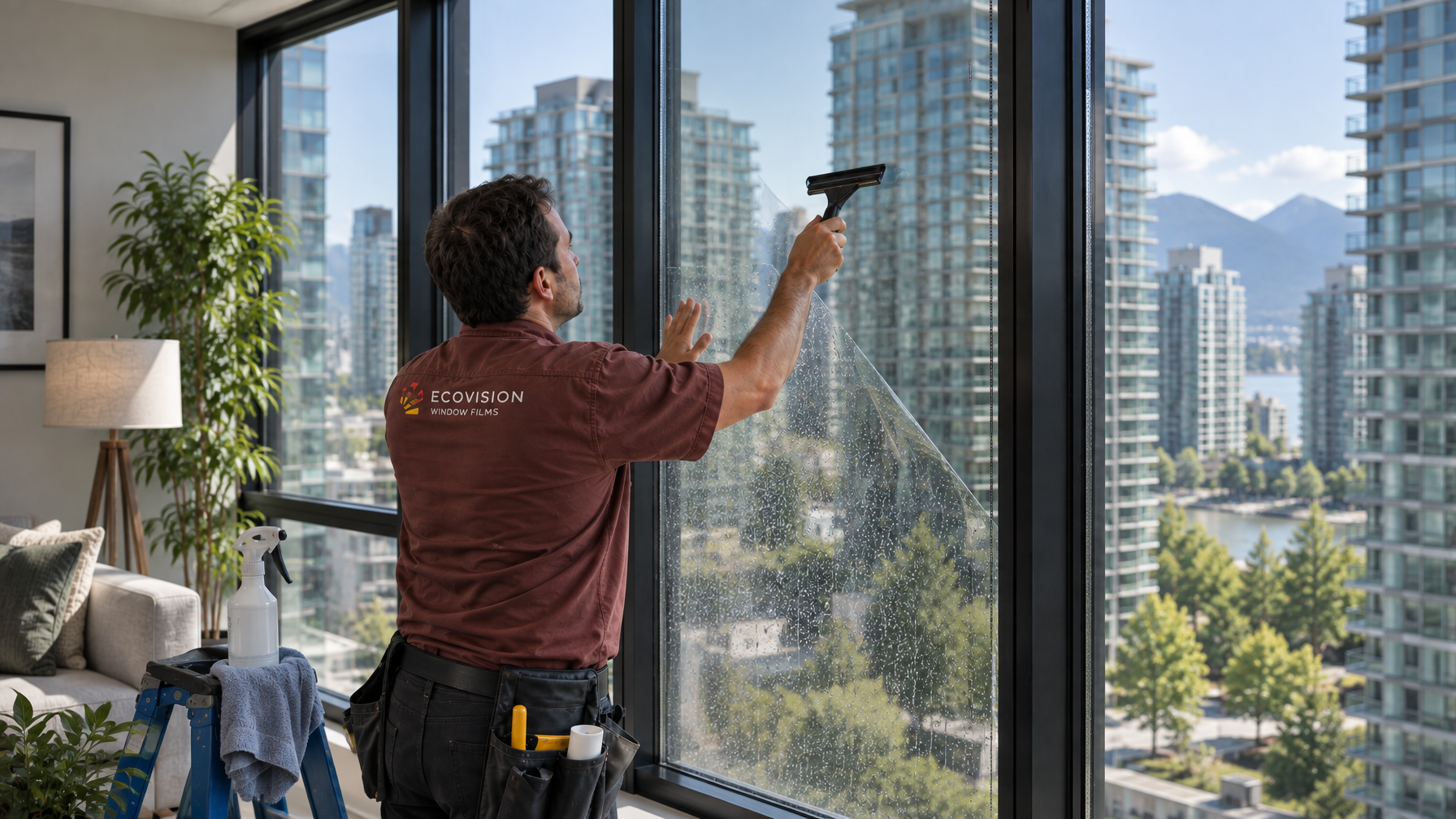 Ecovision installer in a brick-red shirt applying architectural film to double-pane Vancouver condo glass