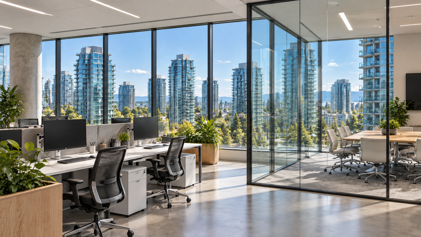 Modern Vancouver open office with high-VLT energy-efficient film on full-height curtain wall