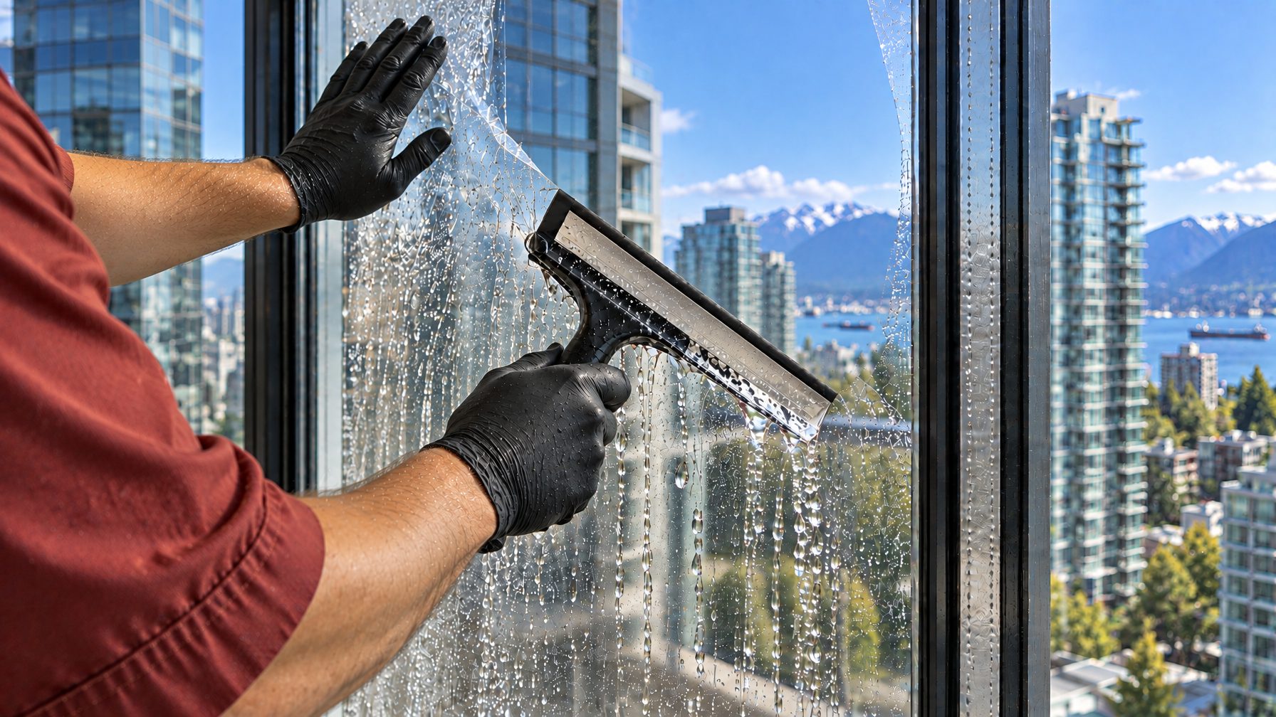 Close-up wet squeegee install of energy-efficient film on commercial dual-pane curtain wall