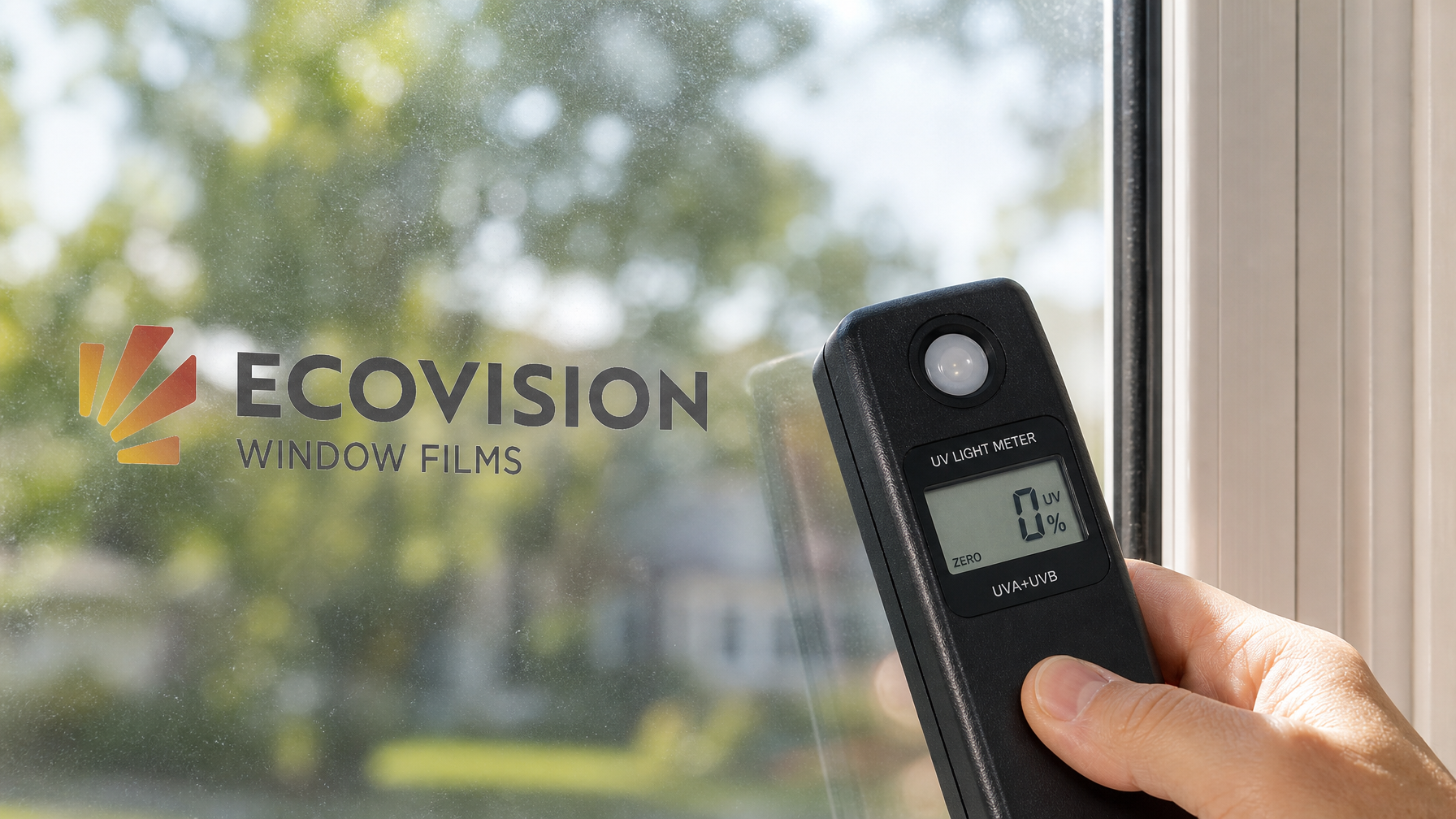 Close-up of clear UV-blocking window film on residential glass with UV meter showing near-zero UV transmission