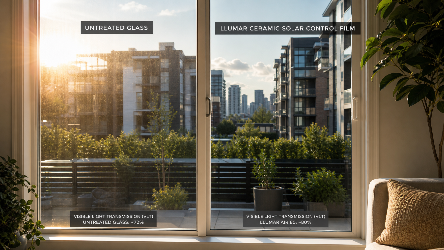 Comparison of untreated glass vs LLumar ceramic solar control window film on a Vancouver townhouse patio sliding door
