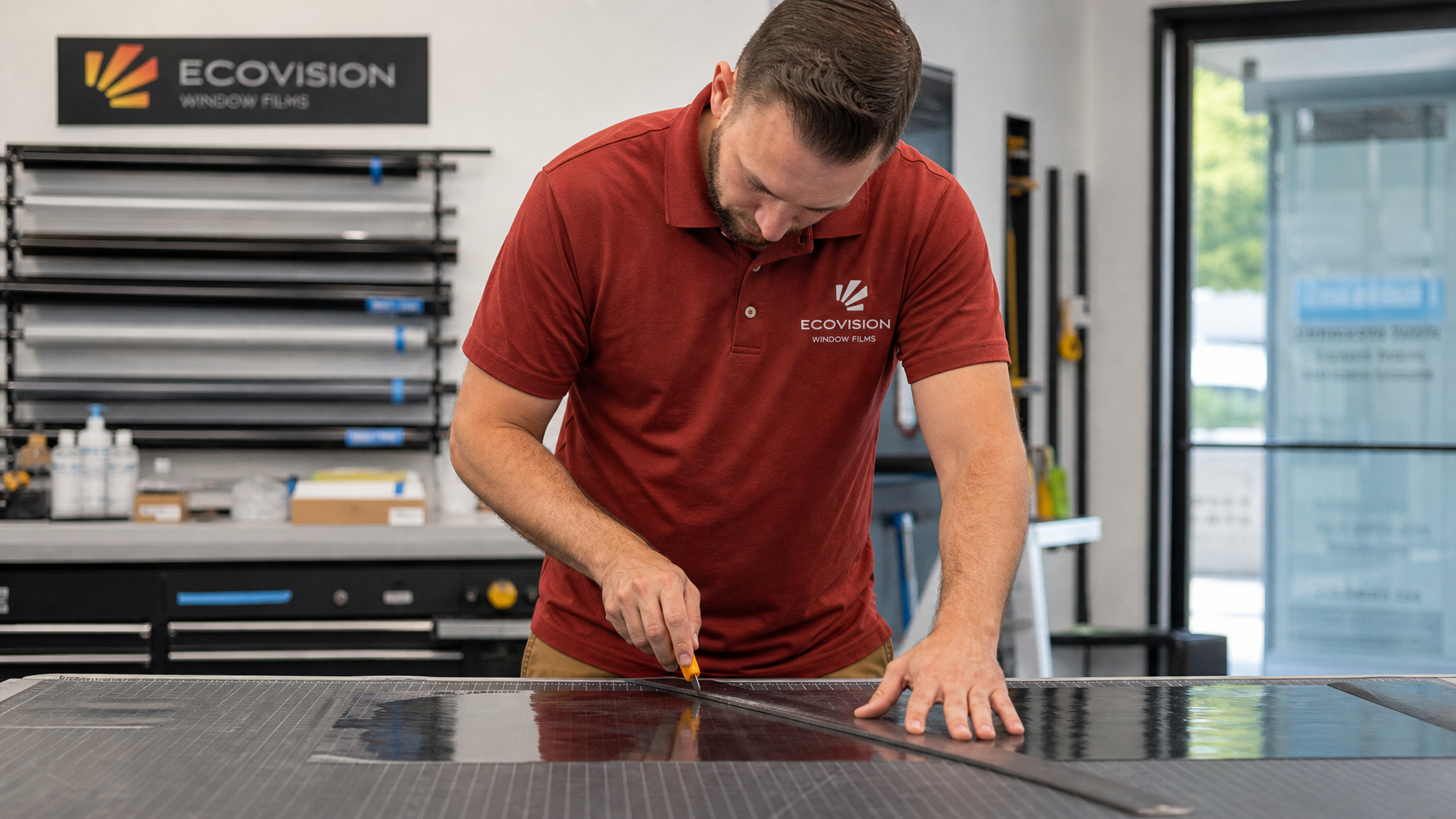 Ecovision installer in brick-red shirt cutting security window film on a self-healing cutting mat