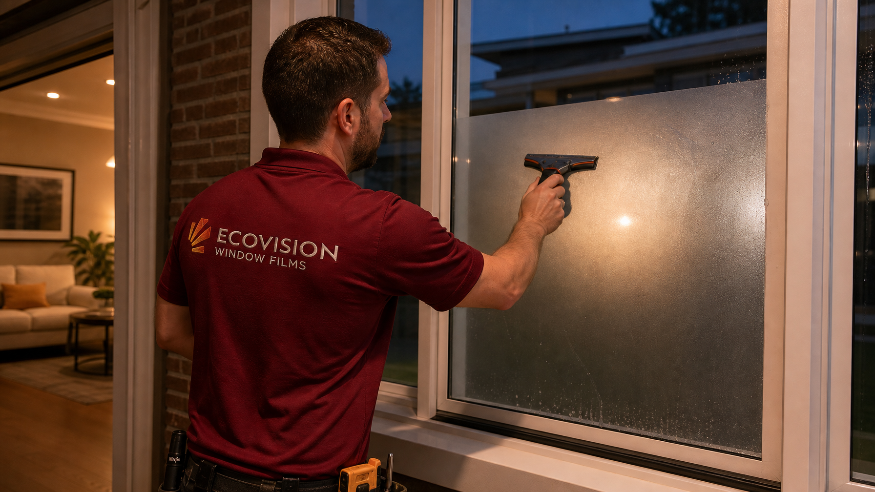 Ecovision installer in brick-red shirt applying frosted privacy window film to a residential window at dusk, warm interior light visible through frosted glass
